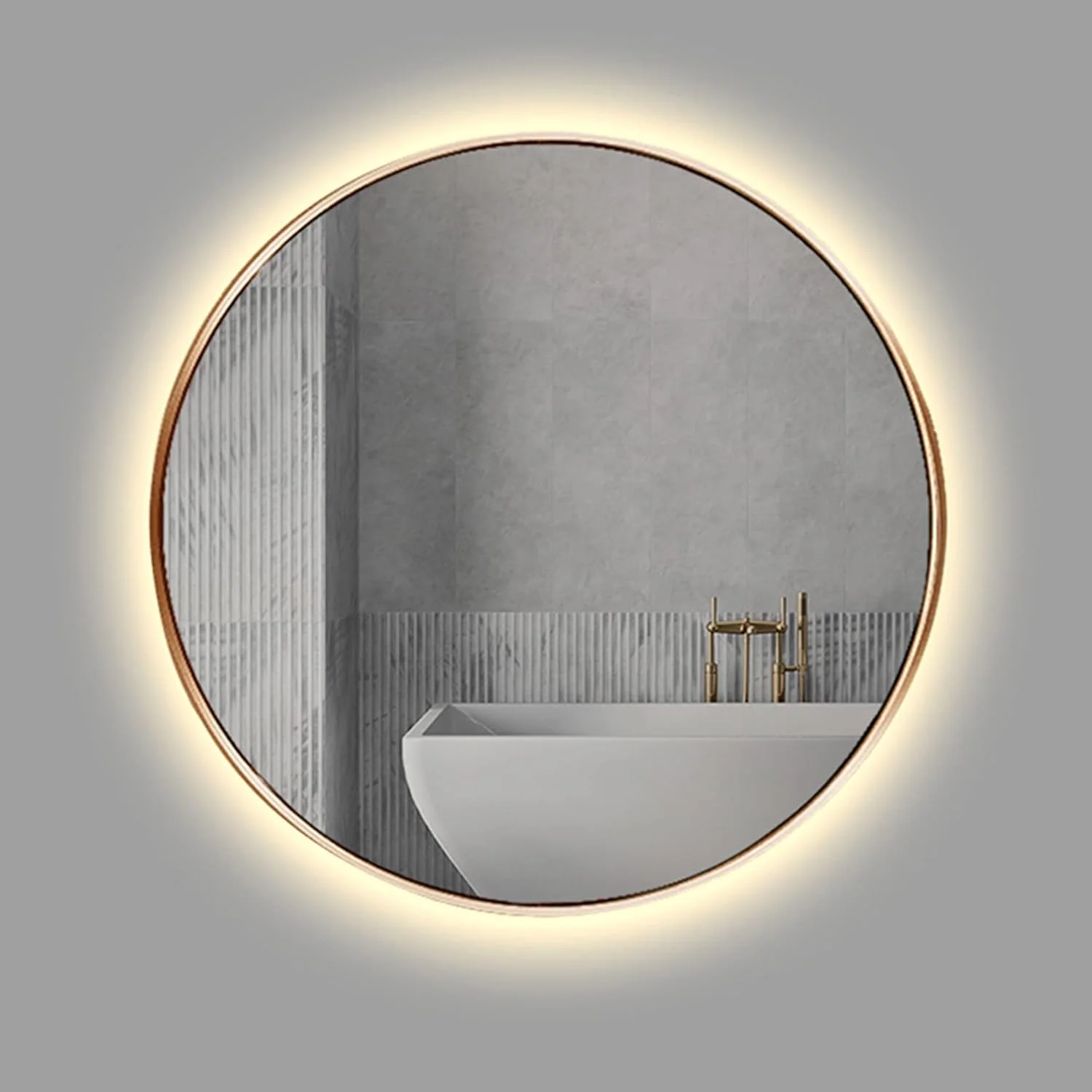 آینه حمام LED، آینه گرد روشویی با نور پس زمینه، نور سفید/نور گرم، 50cm / 60cm / 70cm / 80cm، آینه آرایش دیواری، قاب طلایی