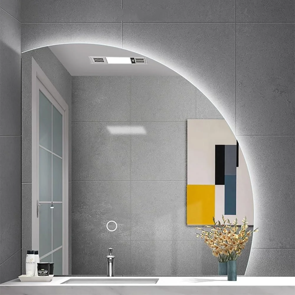 آینه ال ای دی حمام با قابلیت تنظیم دمای رنگ، آینه روشویی نیمه ماه برای دکوراسیون منزل، ضد بخار، کلید لمسی - آینه دایره ای دیواری (برش زیر سمت چپ 32 اینچ)