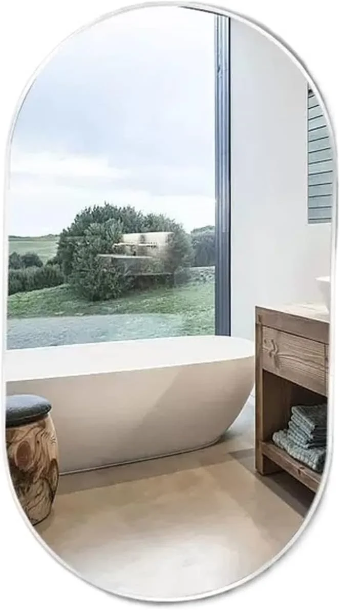 آینه حمام، آینه روشویی بیضی شکل، آینه روشویی دیواری حمام، آینه میز توالت، آینه دیواری بیضی شکل (رنگ: نقره ای، سایز: 1)