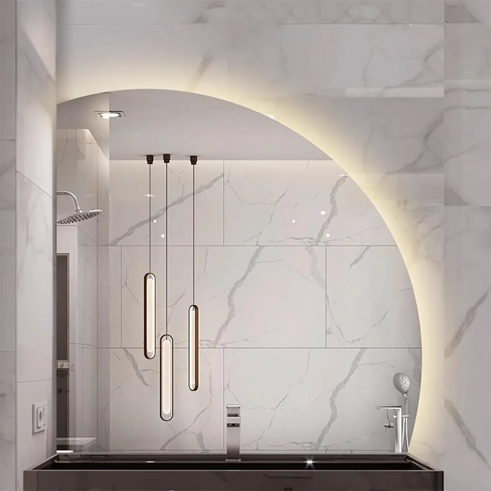 آینه ال ای دی حمام با قابلیت تنظیم دمای رنگ، آینه روشویی نیمه ماه برای دکوراسیون منزل، ضد بخار، کلید لمسی - آینه دایره ای دیواری (برش زیر سمت چپ 32 اینچ)