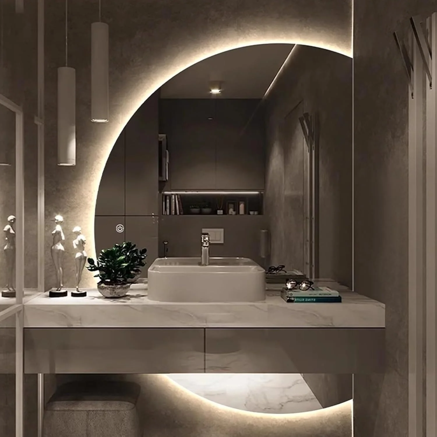 آینه نیم دایره ای حمام، آینه هوشمند ال ای دی دار، آینه روشویی حمام، با قابلیت تنظیم نور، سه حالت رنگی، حسگر لمسی هوشمند، مناسب برای حمام، اتاق نشیمن، دکوراسیون منزل (نور سفید، 105*150 سانتی متر)