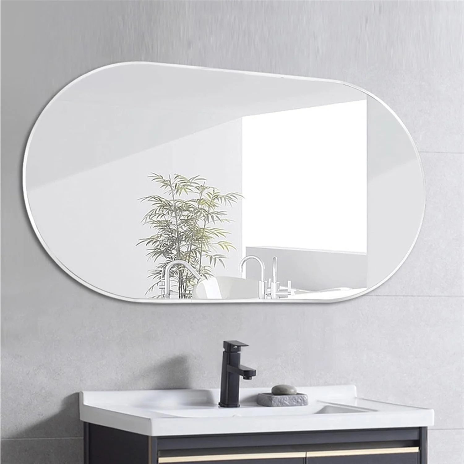 آینه حمام، آینه روشویی بیضی شکل، آینه روشویی دیواری حمام، آینه میز توالت، آینه دیواری بیضی شکل (رنگ: نقره ای، سایز: 1)