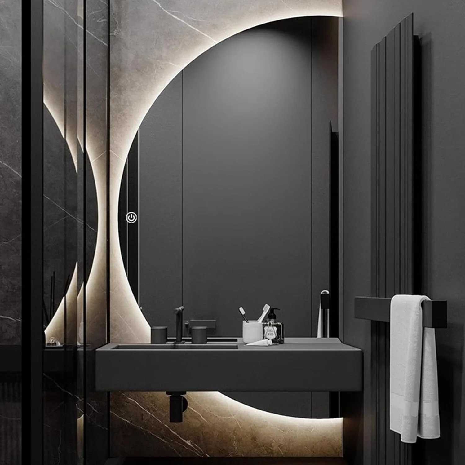 آینه نیم دایره ای حمام، آینه هوشمند ال ای دی دار، آینه روشویی حمام، با قابلیت تنظیم نور، سه حالت رنگی، حسگر لمسی هوشمند، مناسب برای حمام، اتاق نشیمن، دکوراسیون منزل (نور سفید، 105*150 سانتی متر)