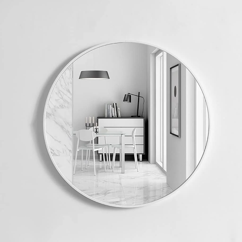 آینه گرد دیواری، آینه دایره ای نصب شده روی دیوار، آینه آرایش حمام، آینه روشویی، آینه دکوری ورودی، آینه با قاب فلزی (رنگ: سفید، سایز: 40 * 40 سانتی متر)