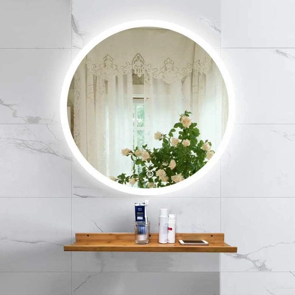 آینه هوشمند حمام با نور ال ای دی، آینه آرایش دیواری گرد ضد بخار (رنگ: نقره ای، اندازه: 57.3 سانتی متر)