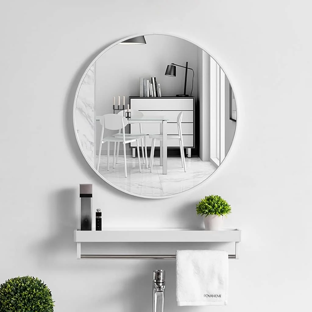 آینه گرد دیواری، آینه دایره ای نصب شده روی دیوار، آینه آرایش حمام، آینه روشویی، آینه دکوری ورودی، آینه با قاب فلزی (رنگ: سفید، سایز: 40 * 40 سانتی متر)