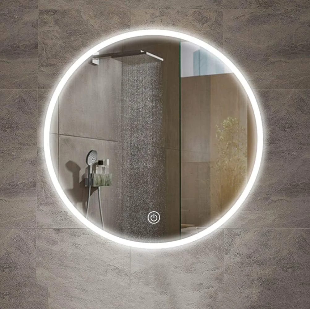 آینه هوشمند ال ای دی حمام، آینه گرد دیواری با نور، ضد انفجار، کلید لمسی، جنس آینه نقره ای / 60 سانتی متر