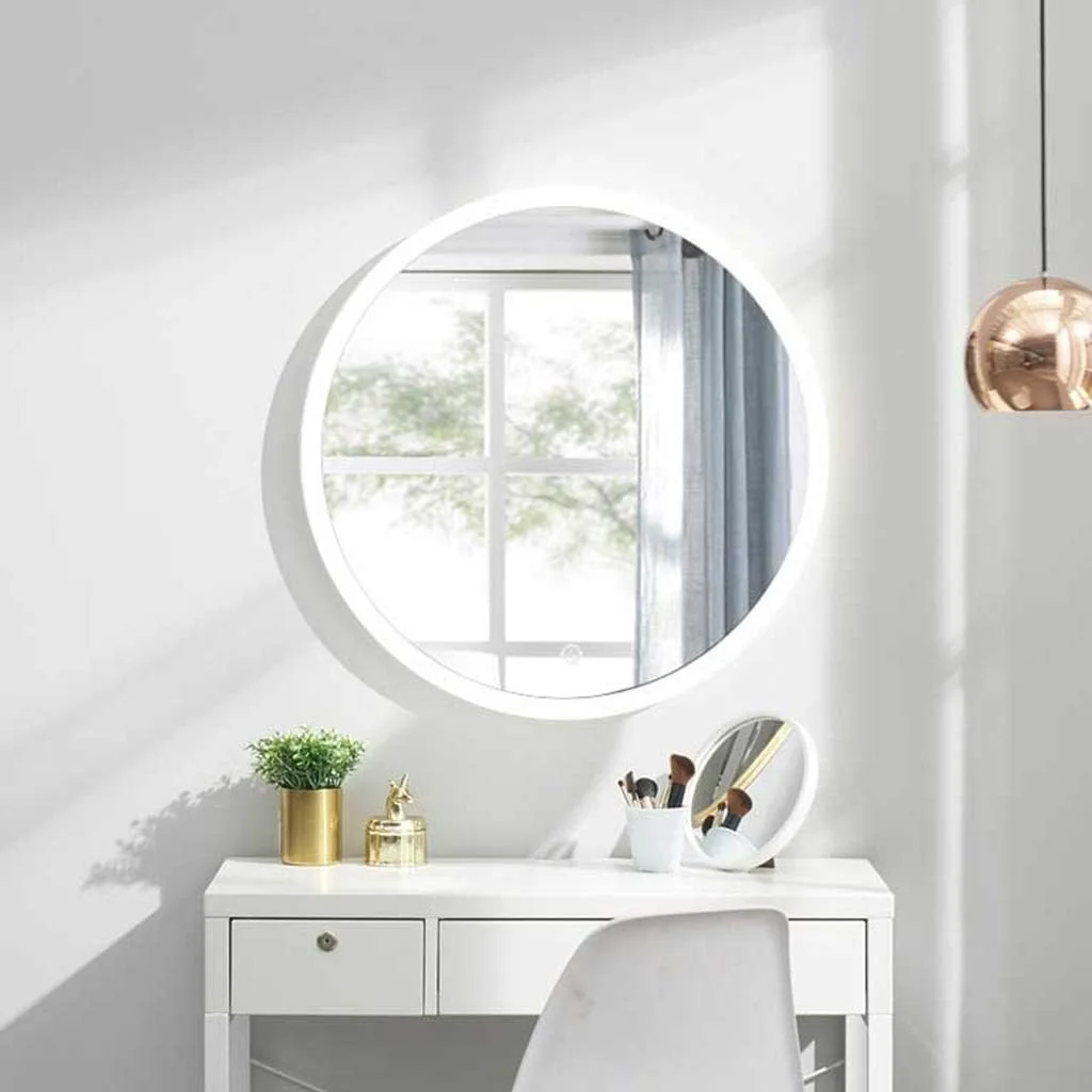 آینه هوشمند حمام با نور ال ای دی، آینه آرایش دیواری گرد ضد بخار (رنگ: نقره ای، اندازه: 57.3 سانتی متر)