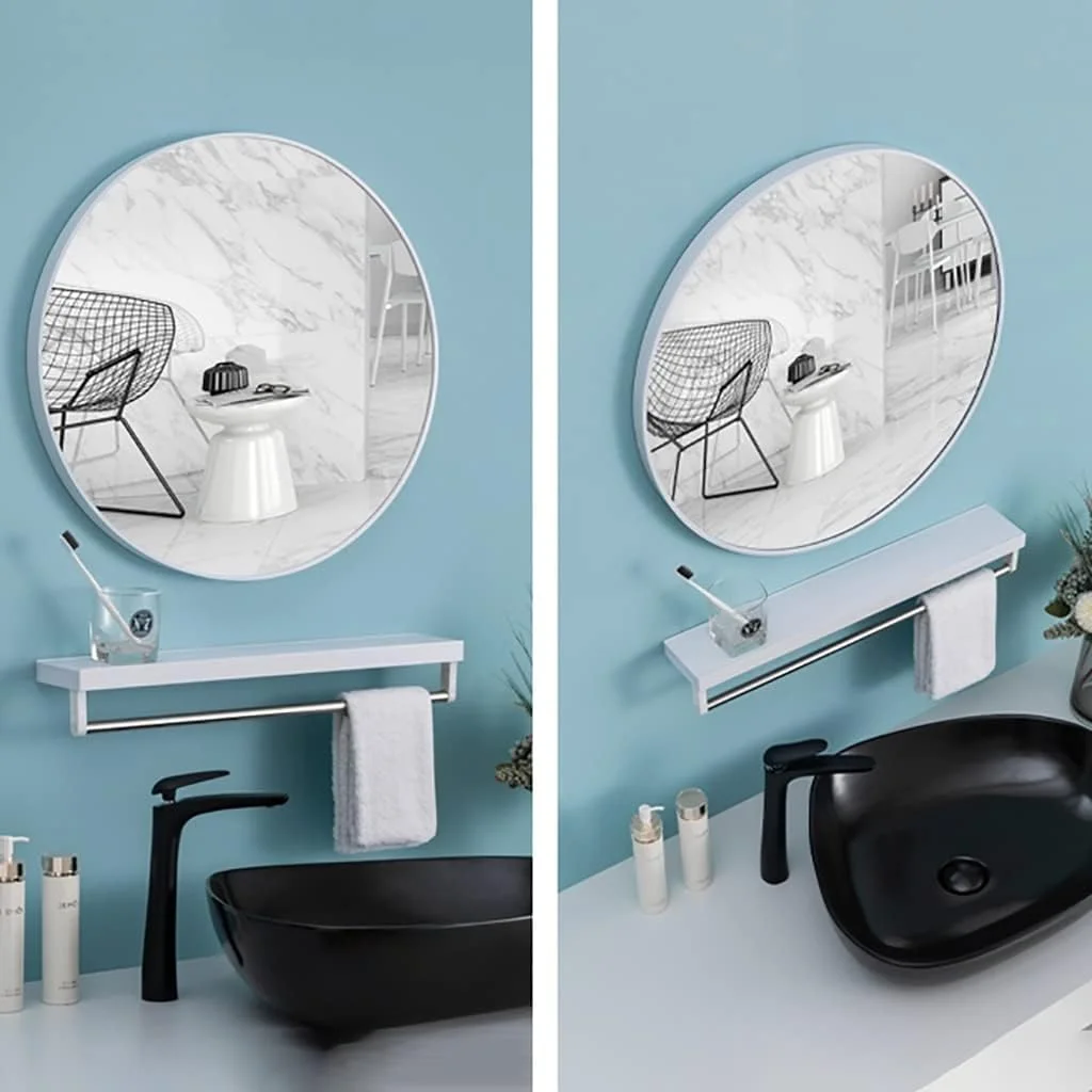 آینه گرد دیواری، آینه دایره ای نصب شده روی دیوار، آینه آرایش حمام، آینه روشویی، آینه دکوری ورودی، آینه با قاب فلزی (رنگ: سفید، سایز: 40 * 40 سانتی متر)