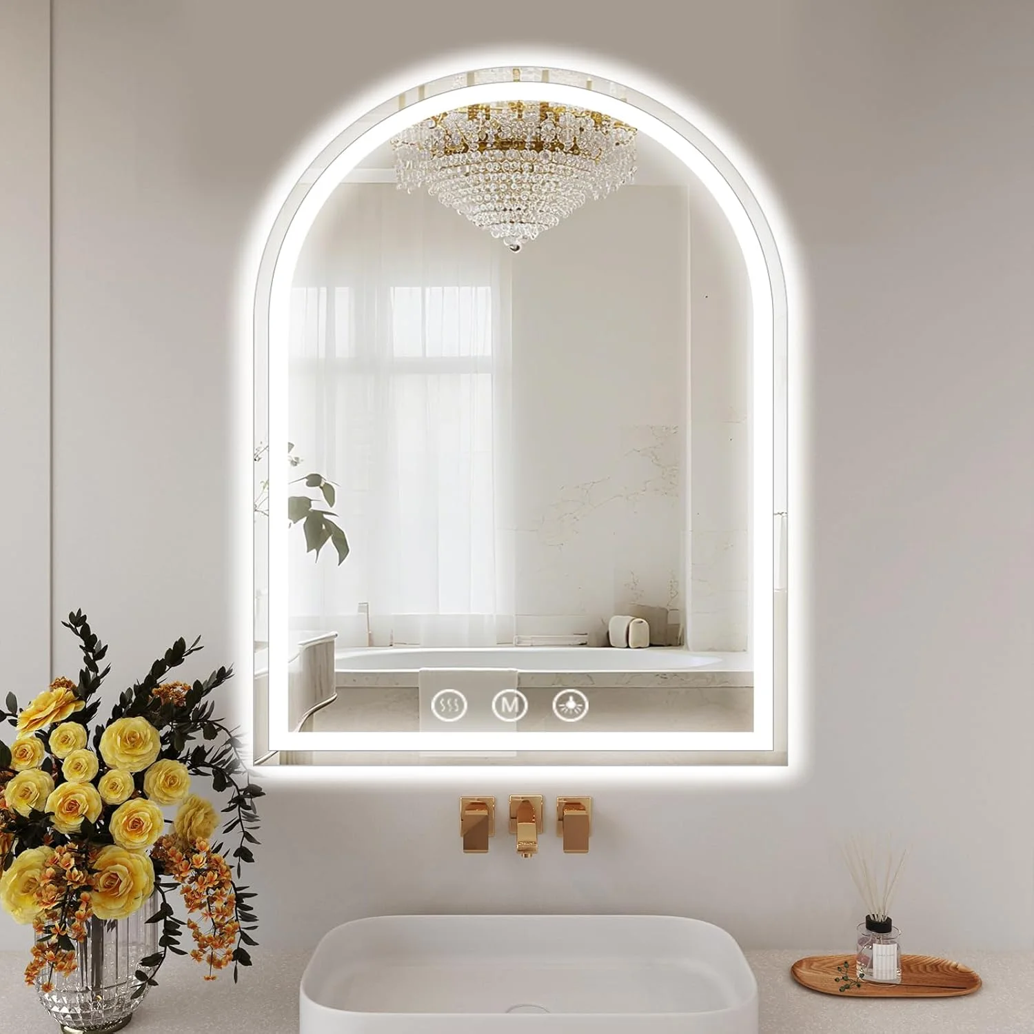 آینه های ال ای دی حمام با چراغ 76x86 سانتی متر، آینه قوسی برای دیوار، ضد مه، آینه های ال ای دی با نور جلو و نور پس زمینه، عملکرد حافظه برای روشویی، حمام، ورودی، اتاق نشیمن