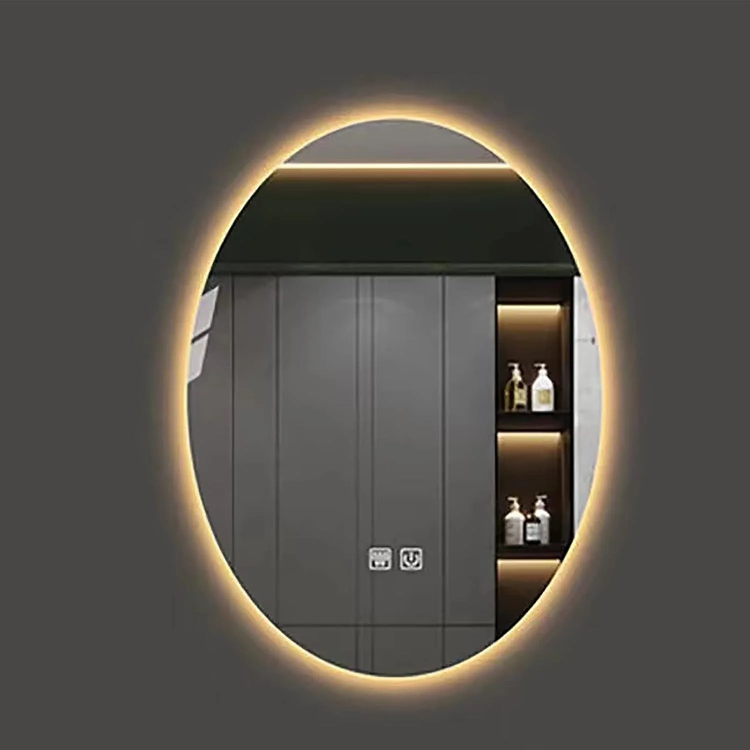 آینه آرایشی حمام، آینه دیواری بزرگ حمام، آینه آرایش، آینه های روشویی بیضی شکل ساده دیواری 50x70 سانتی متر با لمس، نور سفید/نور گرم