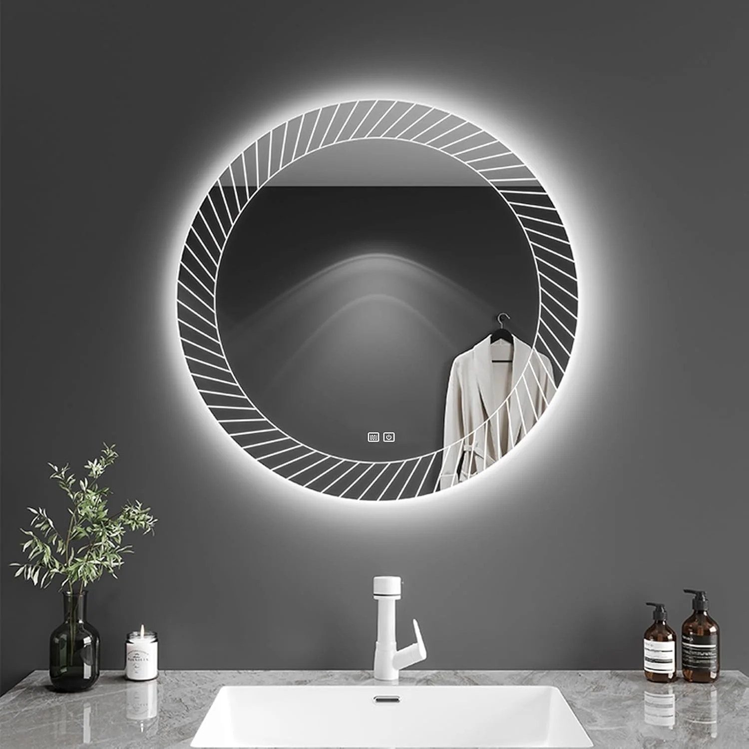 آینه حمام با چراغ های LED، آینه های دیواری با حسگر لمسی و پد ضد بخار، نور LED سه رنگ قابل تنظیم، برای دیوار، اتاق نشیمن، اتاق خواب (رنگ: A، اندازه: 70 سانتی متر)