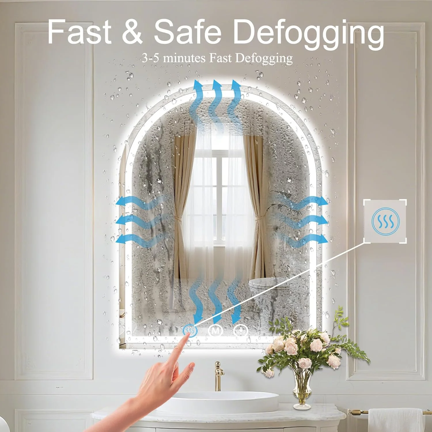 آینه های ال ای دی حمام با چراغ 76x86 سانتی متر، آینه قوسی برای دیوار، ضد مه، آینه های ال ای دی با نور جلو و نور پس زمینه، عملکرد حافظه برای روشویی، حمام، ورودی، اتاق نشیمن