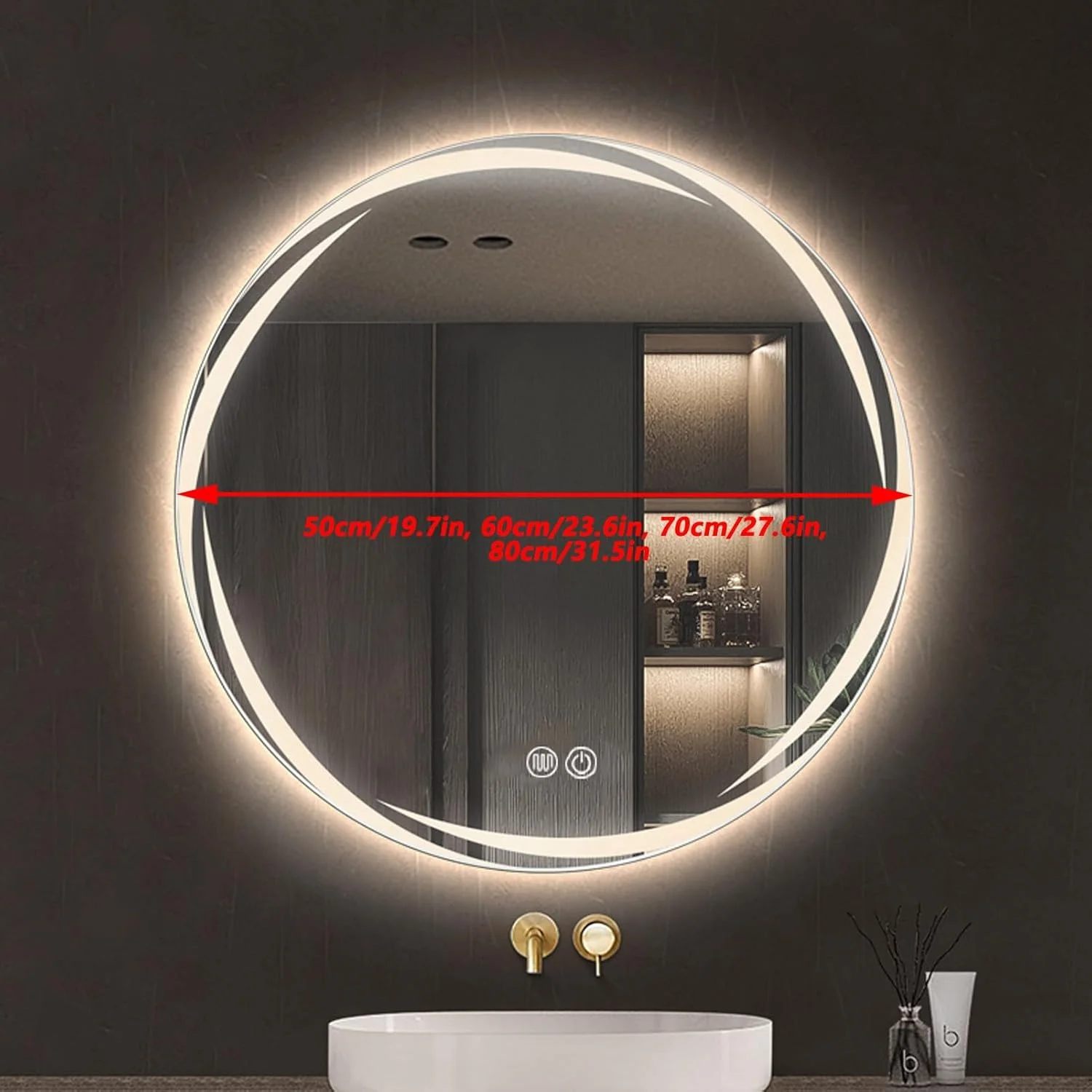 آینه حمام با چراغ های LED، آینه های دیواری با حسگر لمسی و پد ضد بخار، نور LED سه رنگ قابل تنظیم، برای دیوار، اتاق نشیمن، اتاق خواب (رنگ: A، اندازه: 70 سانتی متر)