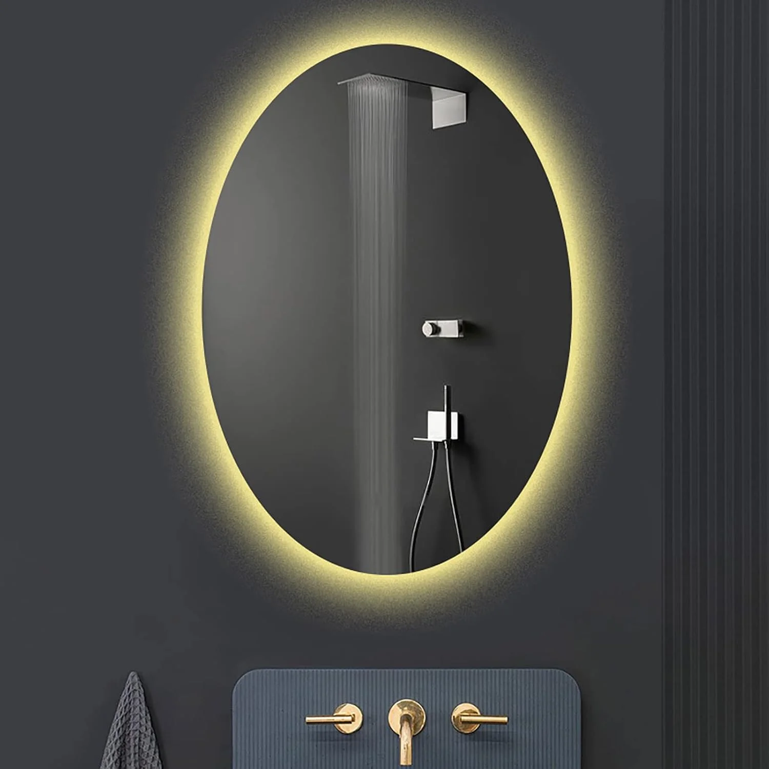 آینه آرایشی حمام، آینه دیواری بزرگ حمام، آینه آرایش، آینه های روشویی بیضی شکل ساده دیواری 50x70 سانتی متر با لمس، نور سفید/نور گرم