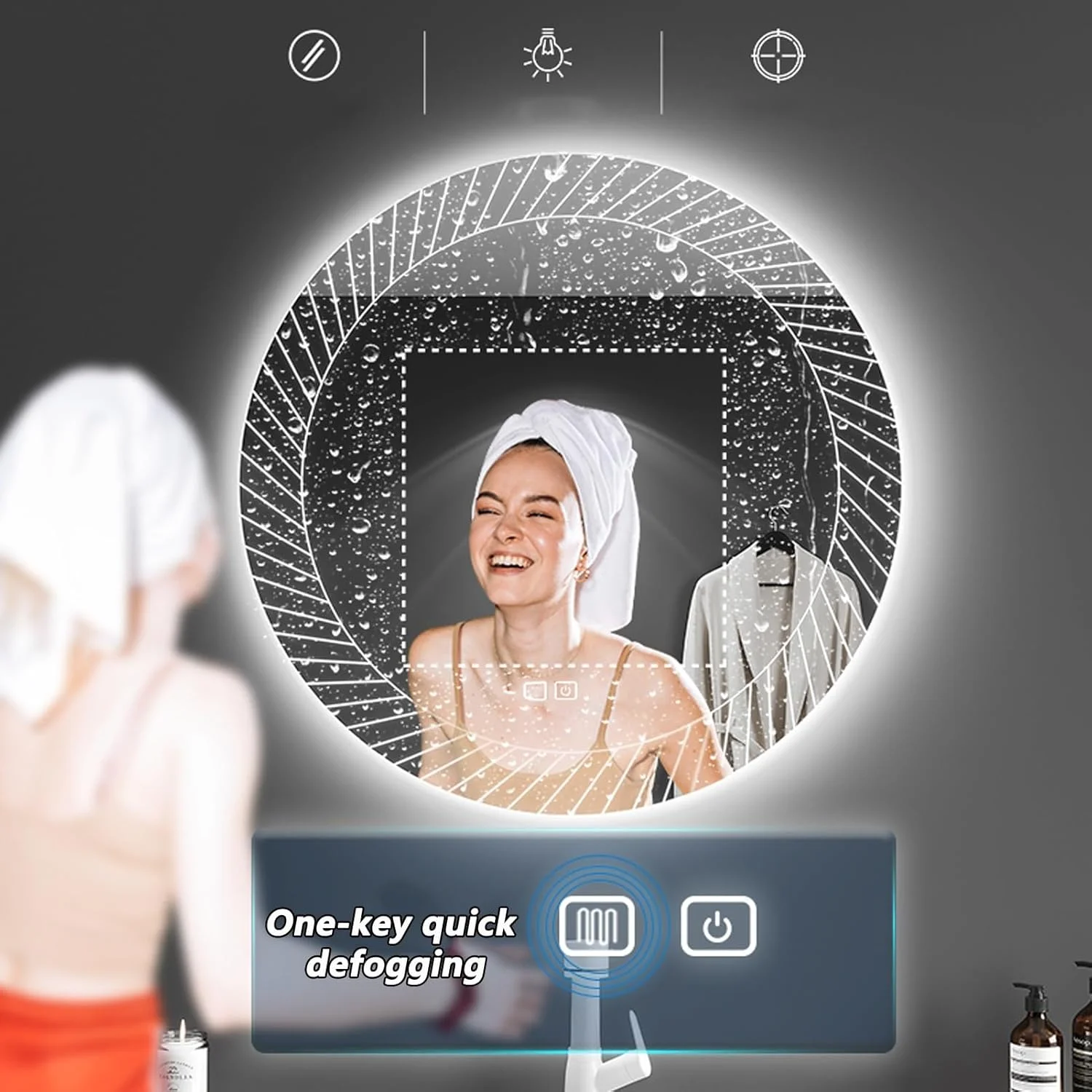 آینه حمام با چراغ های LED، آینه های دیواری با حسگر لمسی و پد ضد بخار، نور LED سه رنگ قابل تنظیم، برای دیوار، اتاق نشیمن، اتاق خواب (رنگ: A، اندازه: 70 سانتی متر)