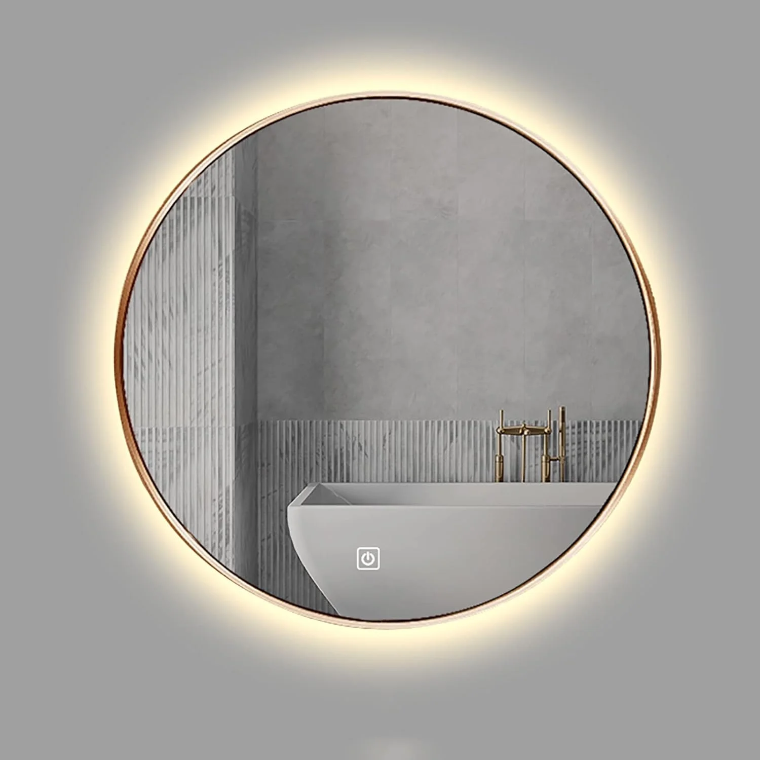 آینه حمام LED نورانی، آینه آرایشی گرد دیواری با کنترل لمسی سنسور نور سفید/نور گرم اختیاری، 50 سانتی متر / 60 سانتی متر / 70 سانتی متر / 80 سانتی متر (رنگ: طلایی-گرم-لمسی، اندازه: 60 سانتی متر)