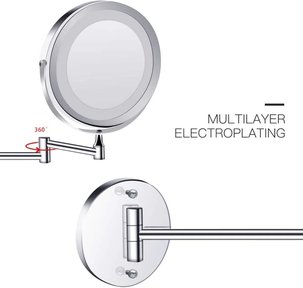 آینه آرایشی دیواری چراغ دار اوکا 7 اینچی با بزرگنمایی 10 برابر، تاشو و دو طرفه