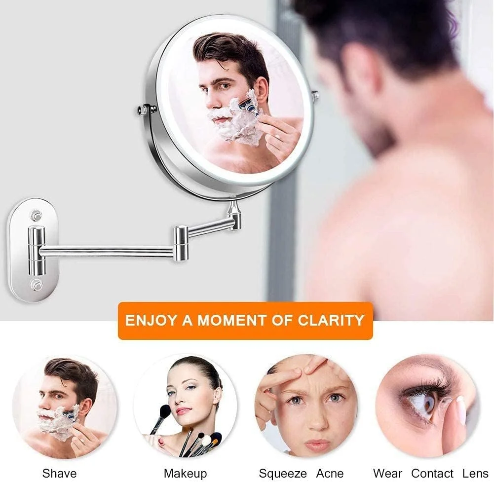 آینه آرایشی دیواری 8 اینچی، آینه اصلاح LED با خاموشی خودکار، بزرگنمایی 1X/5X دو طرفه با چرخش 360 درجه و قابلیت افزایش طول، با 4 عدد باتری AAA (رنگ: کروم)