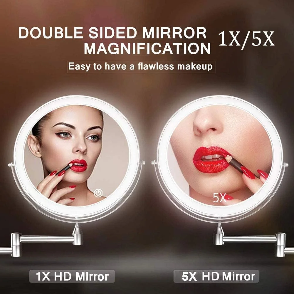 آینه آرایشی دیواری 8 اینچی، آینه اصلاح LED با خاموشی خودکار، بزرگنمایی 1X/5X دو طرفه با چرخش 360 درجه و قابلیت افزایش طول، با 4 عدد باتری AAA (رنگ: کروم)