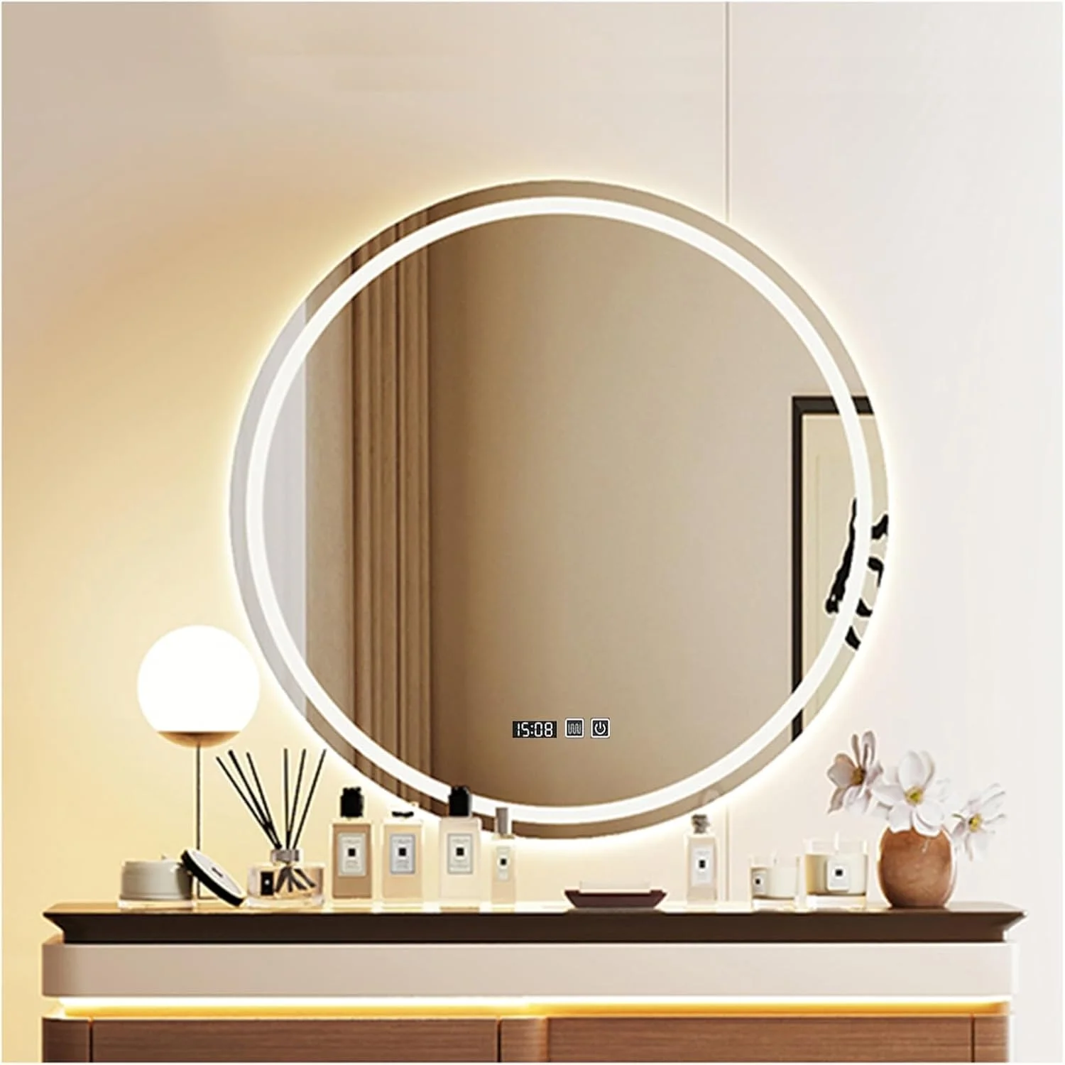 آینه گرد ال ای دی حمام با نور، آینه حمام با چراغ های ال ای دی، آینه ال ای دی حمام دیواری، ضد بخار، IP44، آینه دایره ای بزرگ با نور پس زمینه + نور جلو (B,H60*W60cm/H23.6*W23.6IN)
