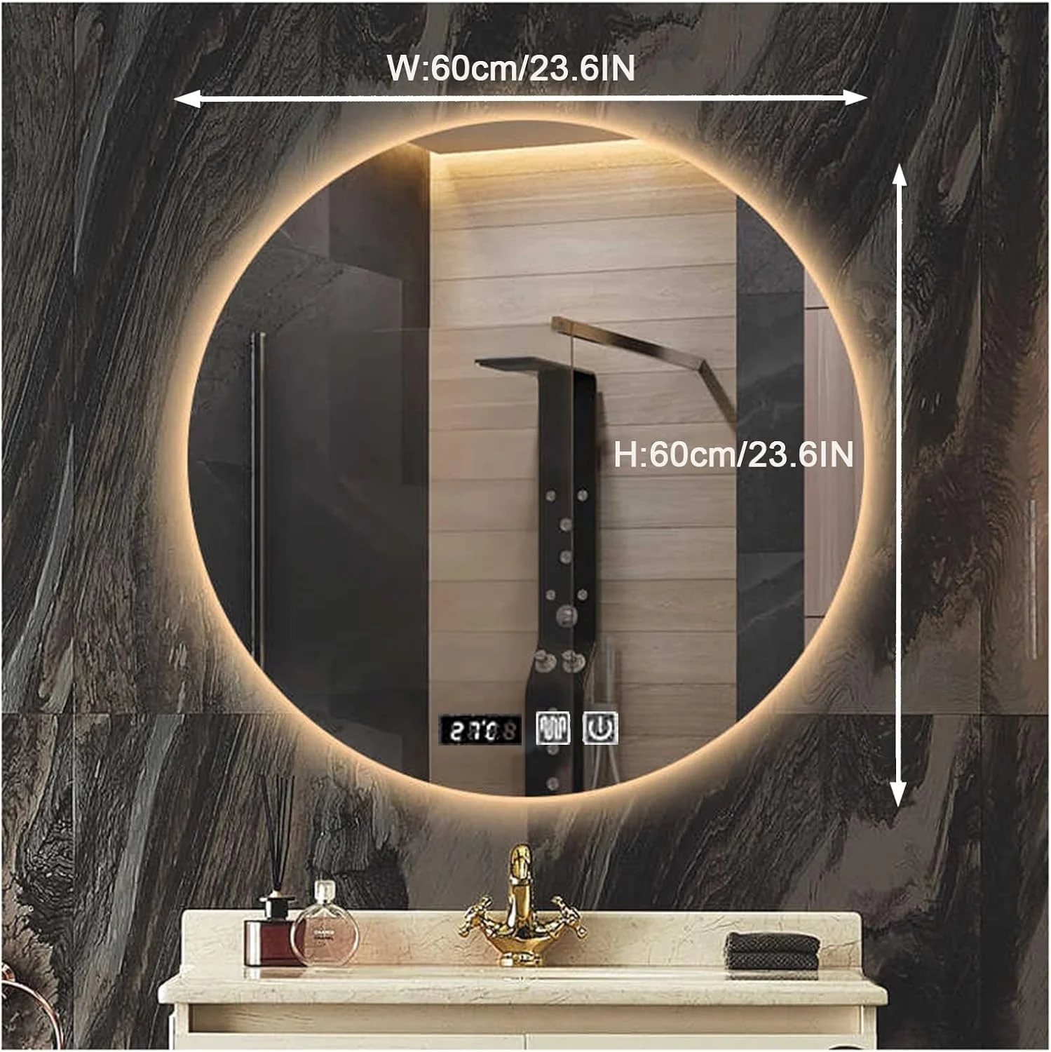 آینه گرد ال ای دی حمام با نور، آینه حمام با چراغ های ال ای دی، آینه ال ای دی حمام دیواری، ضد بخار، IP44، آینه دایره ای بزرگ با نور پس زمینه + نور جلو (B,H60*W60cm/H23.6*W23.6IN)