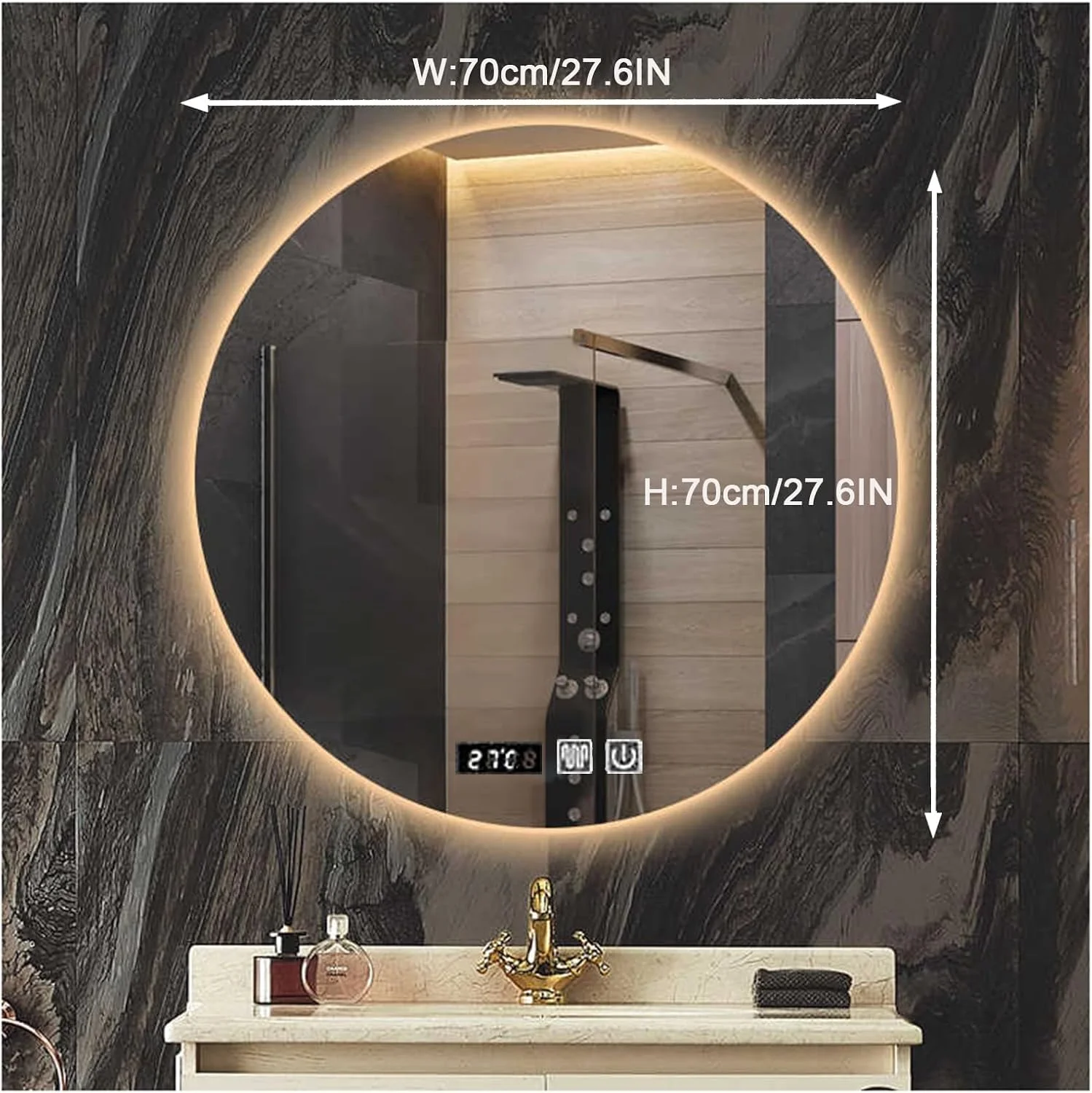 آینه حمام با چراغ های ال ای دی، آینه گرد ال ای دی برای حمام، آینه ال ای دی دیواری، ضد بخار، IP44، آینه دایره ای بزرگ با نور پس زمینه + نور جلو (A,H70*W70cm/H27.6*W27.6IN)