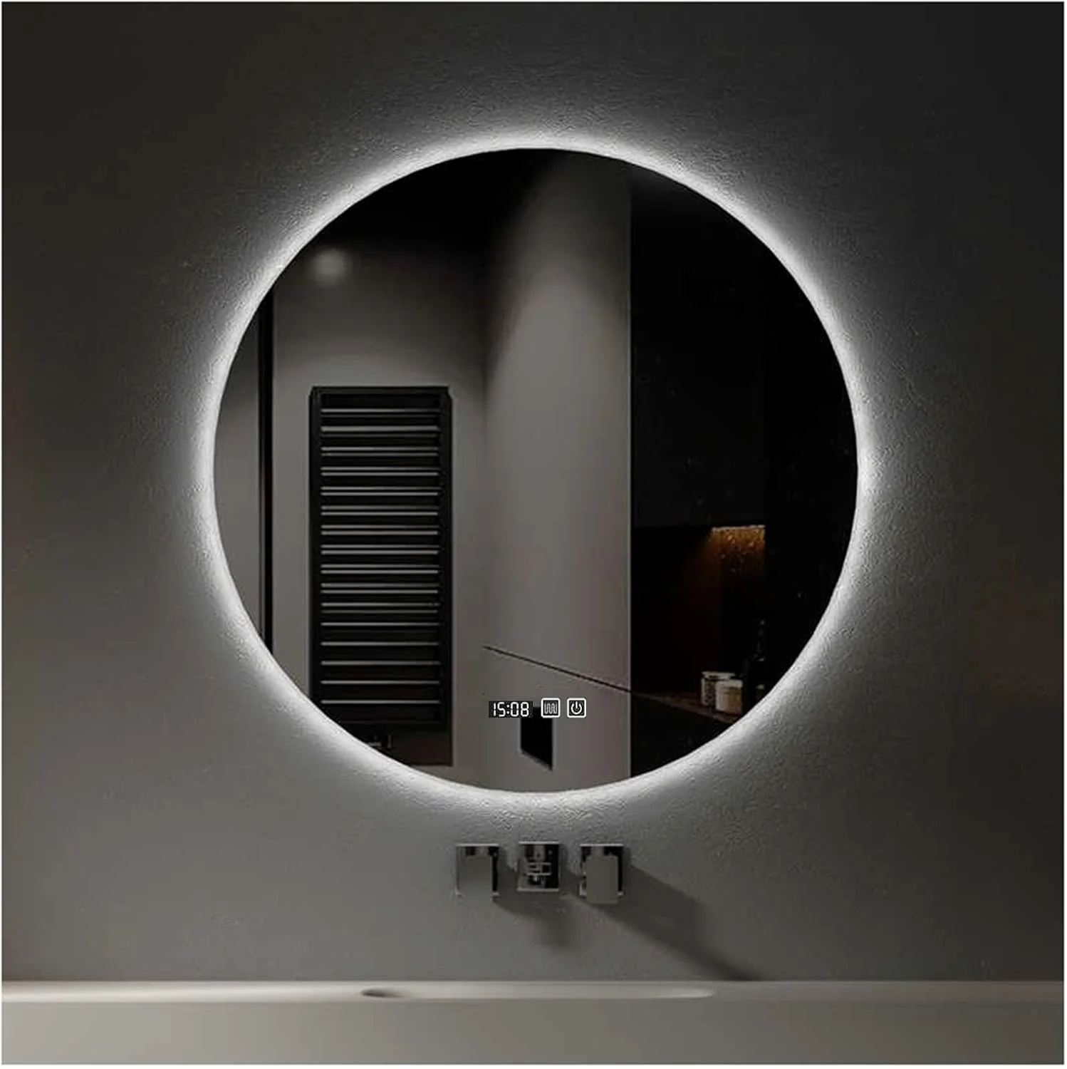 آینه حمام با چراغ های ال ای دی، آینه گرد ال ای دی حمام با نور، آینه ال ای دی حمام دیواری، ضد بخار، IP44، آینه دایره ای بزرگ با نور پس زمینه + نور جلو (B,H70*W70cm/H27.6*W27.6IN)