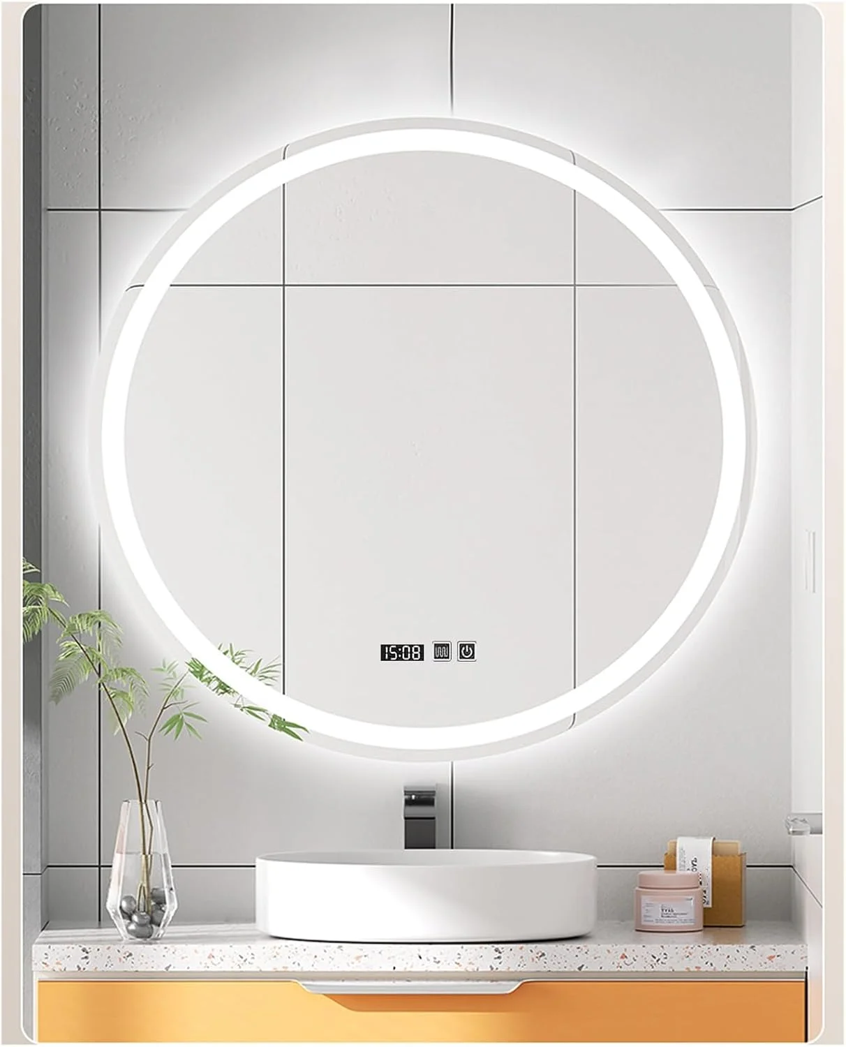 آینه حمام با چراغ های ال ای دی، آینه گرد ال ای دی برای حمام، آینه ال ای دی دیواری برای حمام، ضد بخار، IP44، آینه دایره ای بزرگ با نور پس زمینه + نور جلو (A,H70*W70cm/H27.6*W27.6IN)