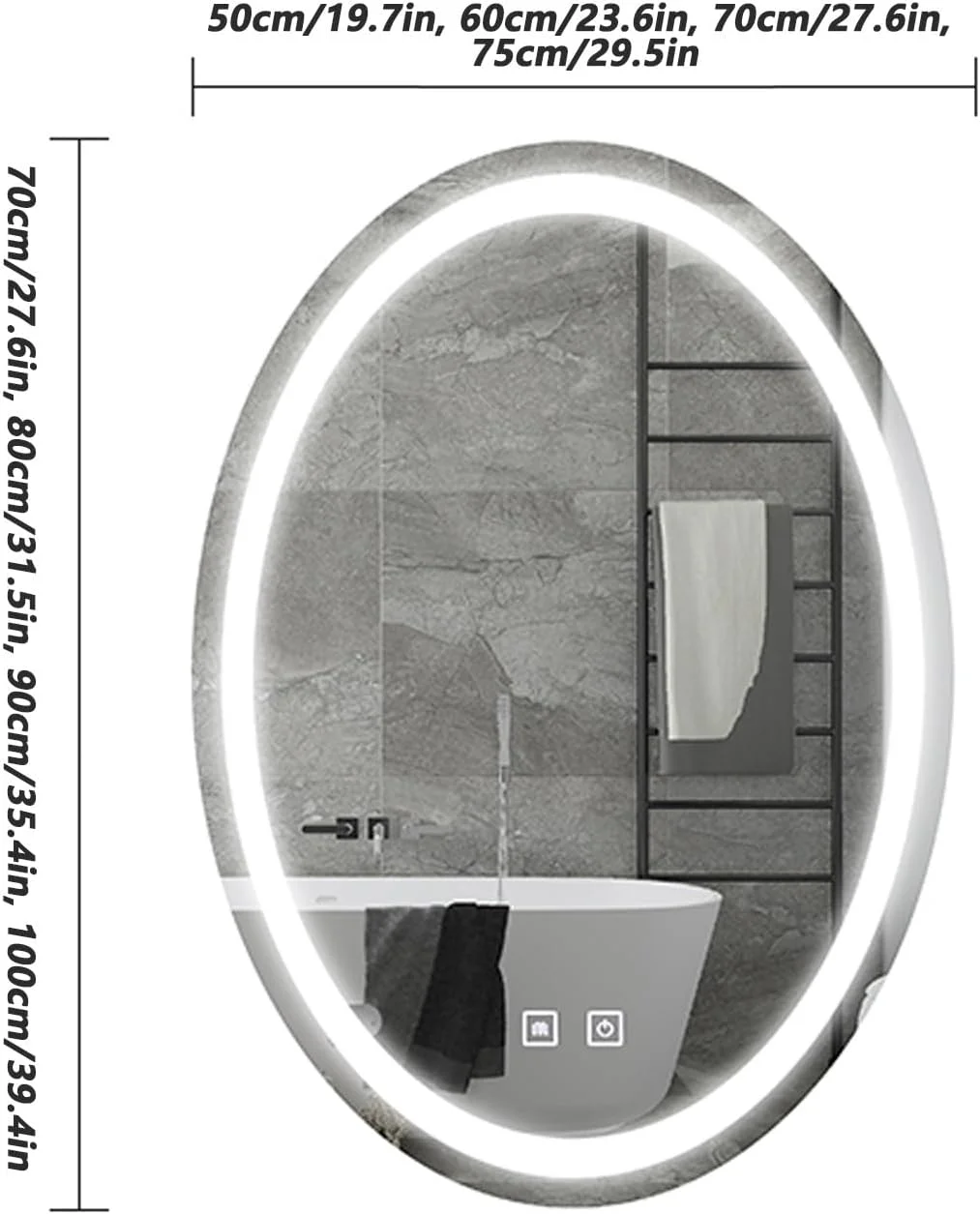 آینه حمام با چراغ، آینه روشویی ضد بخار نصب شده روی دیوار، 3 رنگ نور قابل تنظیم، حسگر لمسی، برای ورودی اتاق خواب، اتاق نشیمن، حمام (رنگ: B، اندازه: 40x60cm)