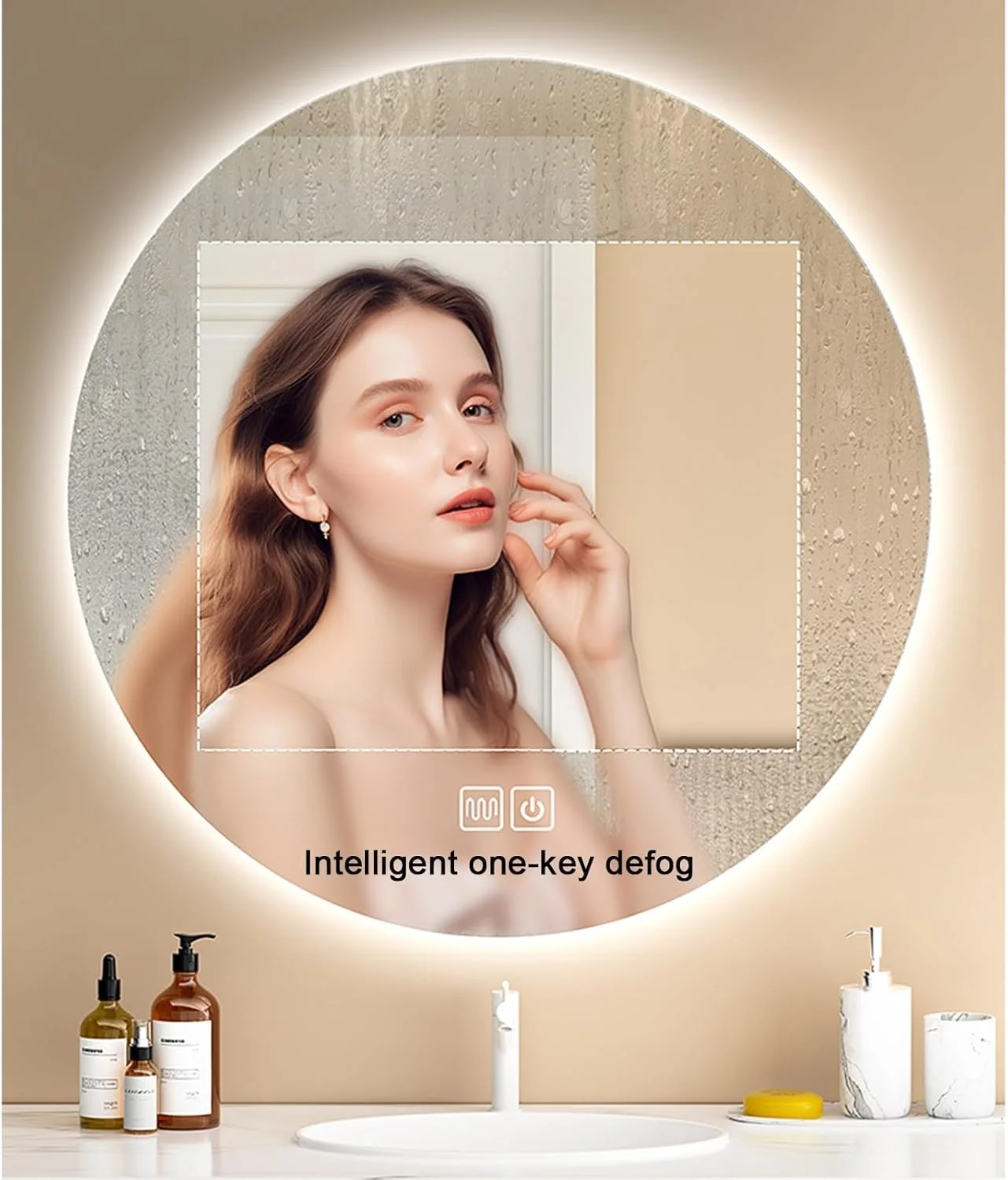 آینه حمام با چراغ های ال ای دی، آینه گرد ال ای دی برای حمام، آینه ال ای دی دیواری برای حمام، ضد بخار، IP44، آینه دایره ای بزرگ با نور پس زمینه + نور جلو (A,H70*W70cm/H27.6*W27.6IN)