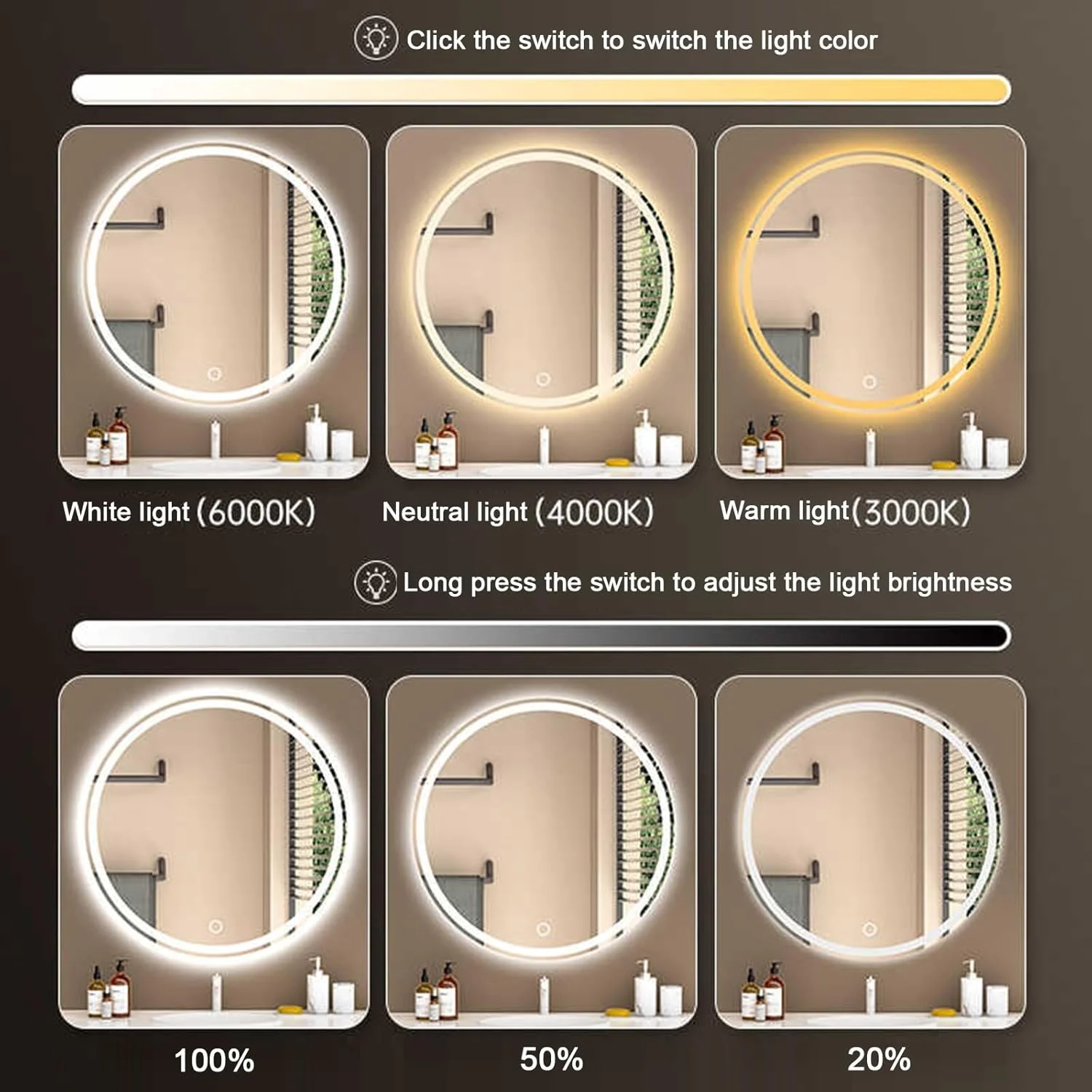 آینه گرد ال ای دی حمام با نور، آینه حمام با چراغ های ال ای دی، آینه ال ای دی حمام دیواری، ضد بخار، IP44، آینه دایره ای بزرگ با نور پس زمینه + نور جلو (B,H70*W70cm/H27.6*W27.6IN)