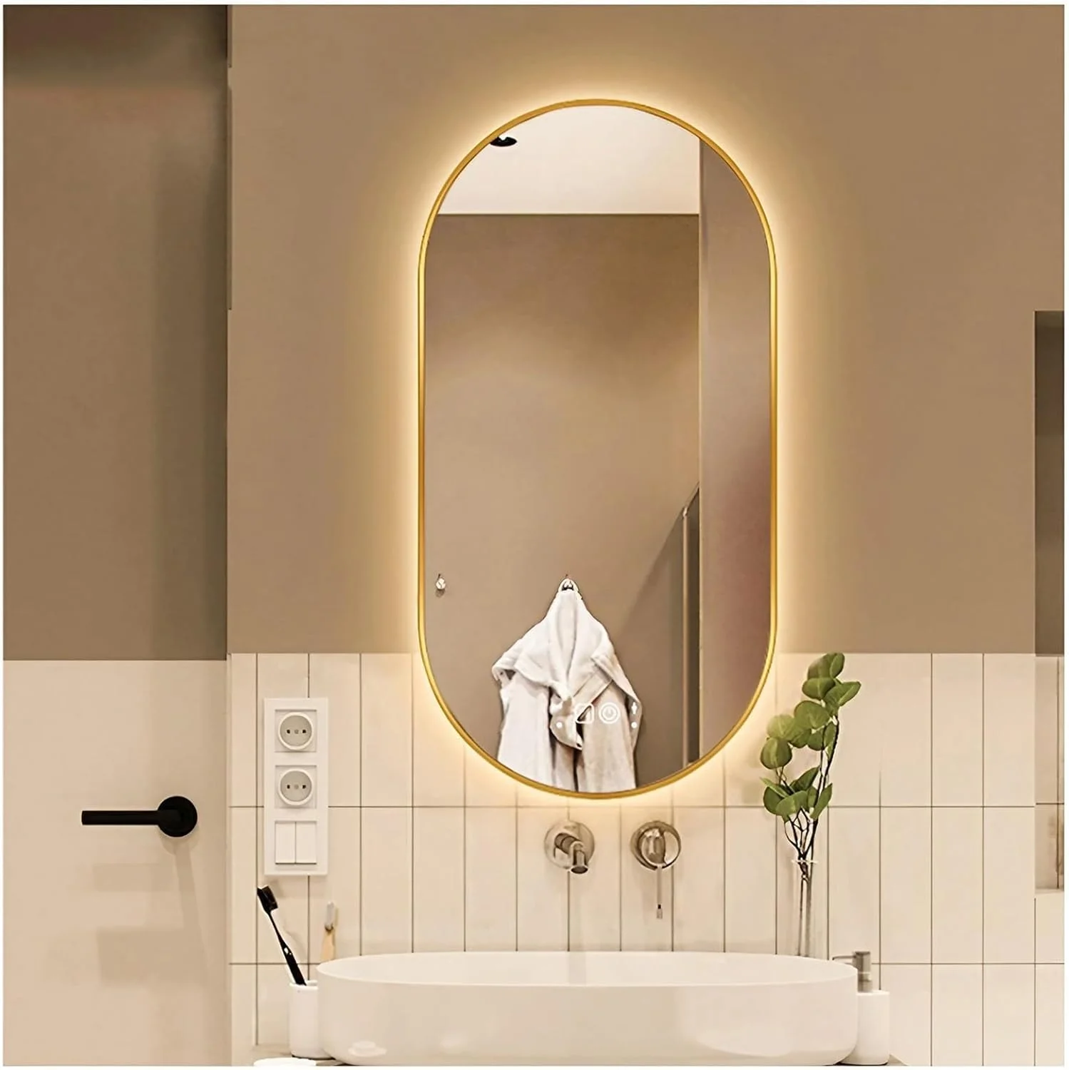 آینه حمام LED طلایی، 50x80 سانتی متر، آینه روشویی دیواری با ضد بخار، 3 رنگ دمای دکمه لمسی، آویز آرایش به صورت عمودی