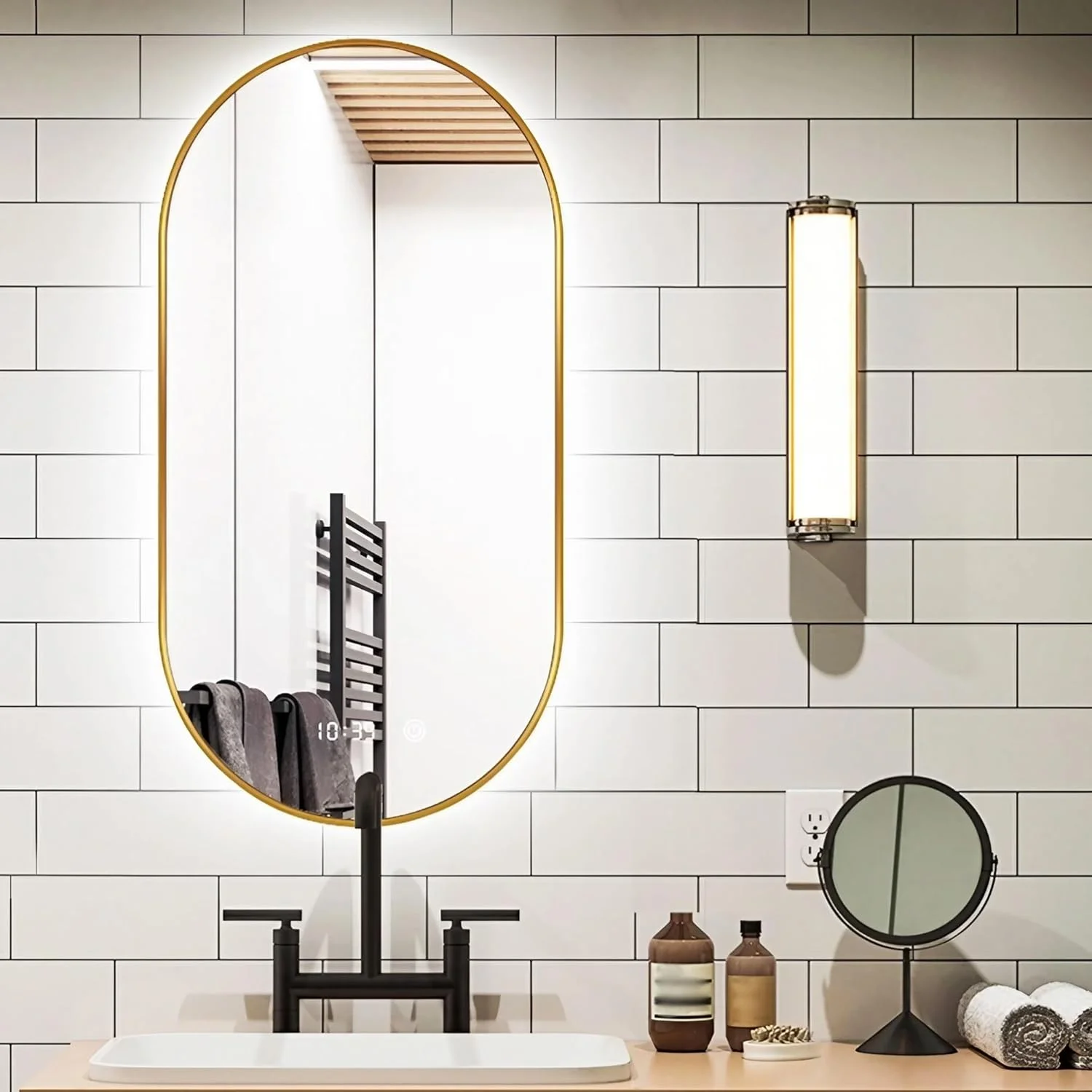 آینه حمام LED طلایی، 50x80 سانتی متر، آینه روشویی دیواری با ضد بخار، 3 رنگ دمای دکمه لمسی، آویز آرایش به صورت عمودی