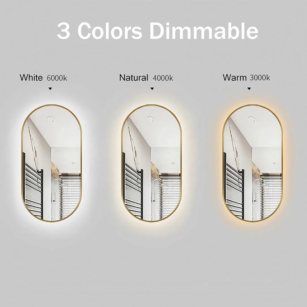 آینه حمام LED طلایی، 50x80 سانتی متر، آینه روشویی دیواری با ضد بخار، 3 رنگ دمای دکمه لمسی، آویز آرایش به صورت عمودی
