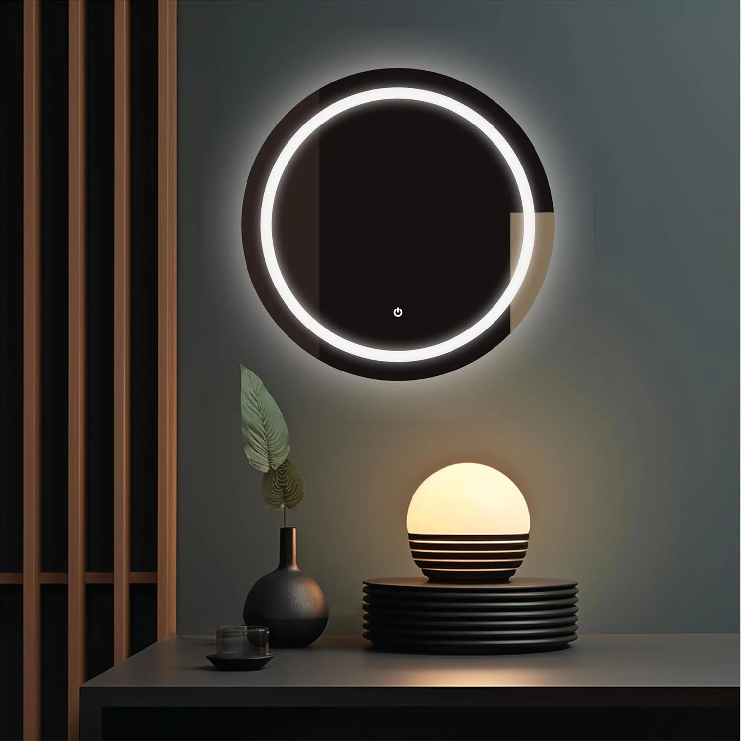 آینه هوشمند اکو 60 سانتی متری گرد، آینه ال ای دی دیواری مناسب حمام، آینه آرایشی با دکمه لمسی و نور پس زمینه مناسب اتاق خواب و اتاق گریم، نور ال ای دی با کیفیت عالی و لبه های گوشه دار