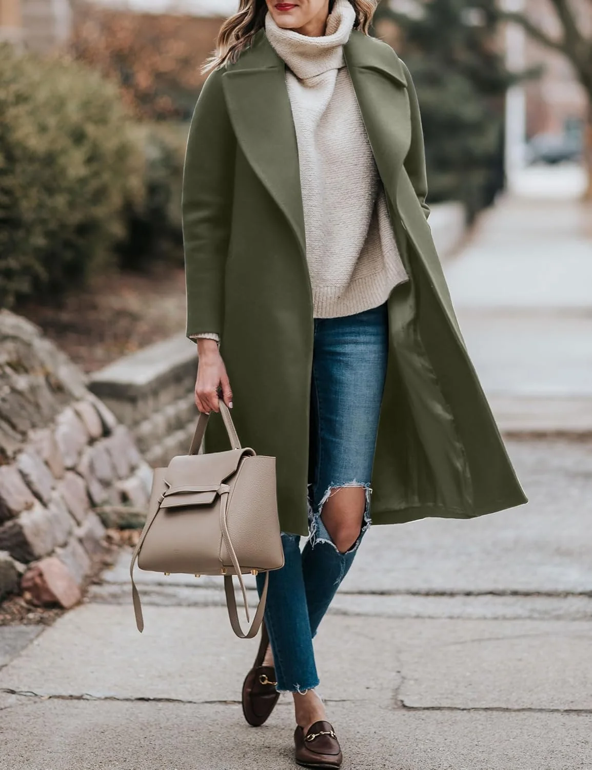 کت پشمی بلند زنانه BZB، پالتو زمستانی غیر رسمی، یقه برگردان دار، کت ترنچ کمربند دار، لباس بیرونی، سبز ارتشی، M