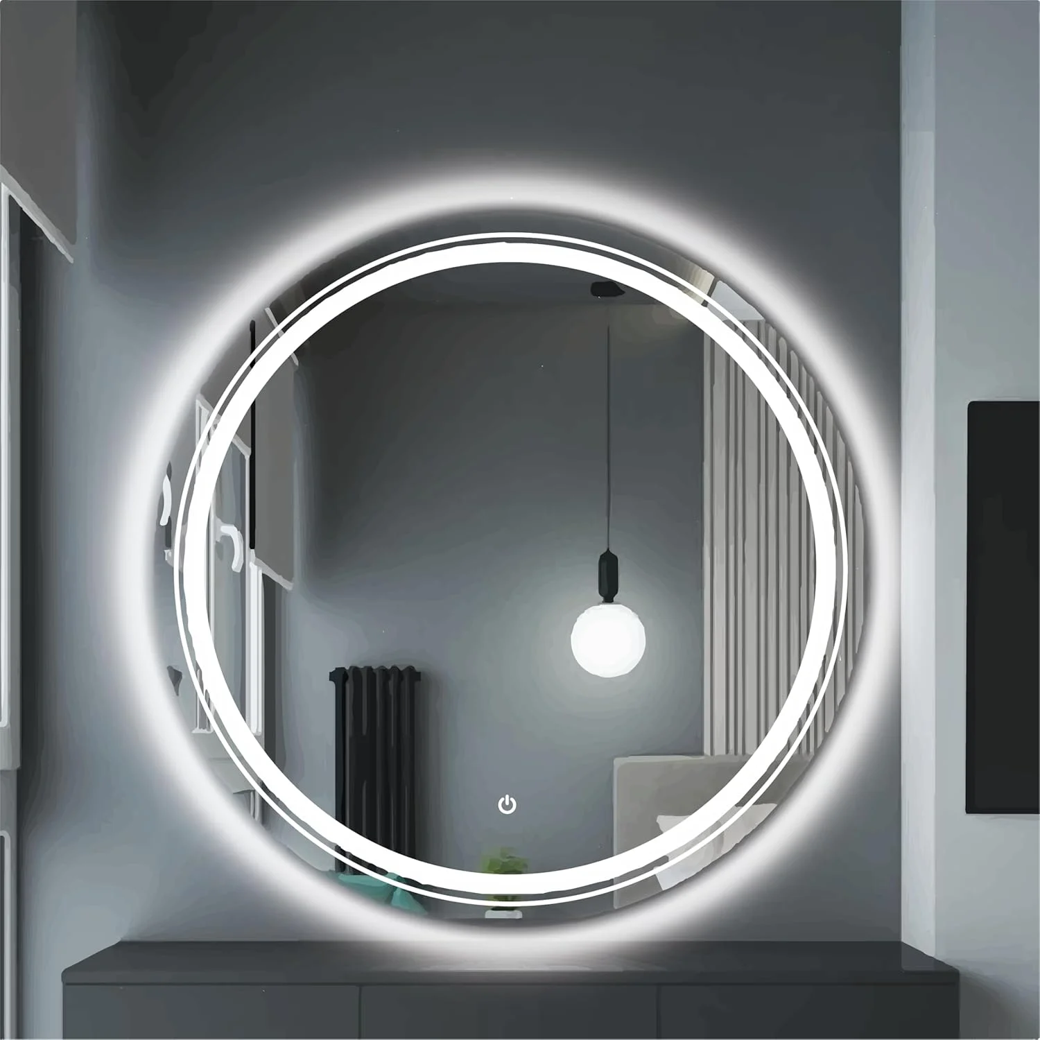 آینه هوشمند اکو، قطر 60 سانتی متر، گرد، آینه ال ای دی مناسب حمام، آینه آرایشی ال ای دی دیواری با دکمه لمسی و نور پس زمینه، مناسب اتاق خواب و اتاق گریم، آینه هوشمند ال ای دی بدون قاب درجه یک