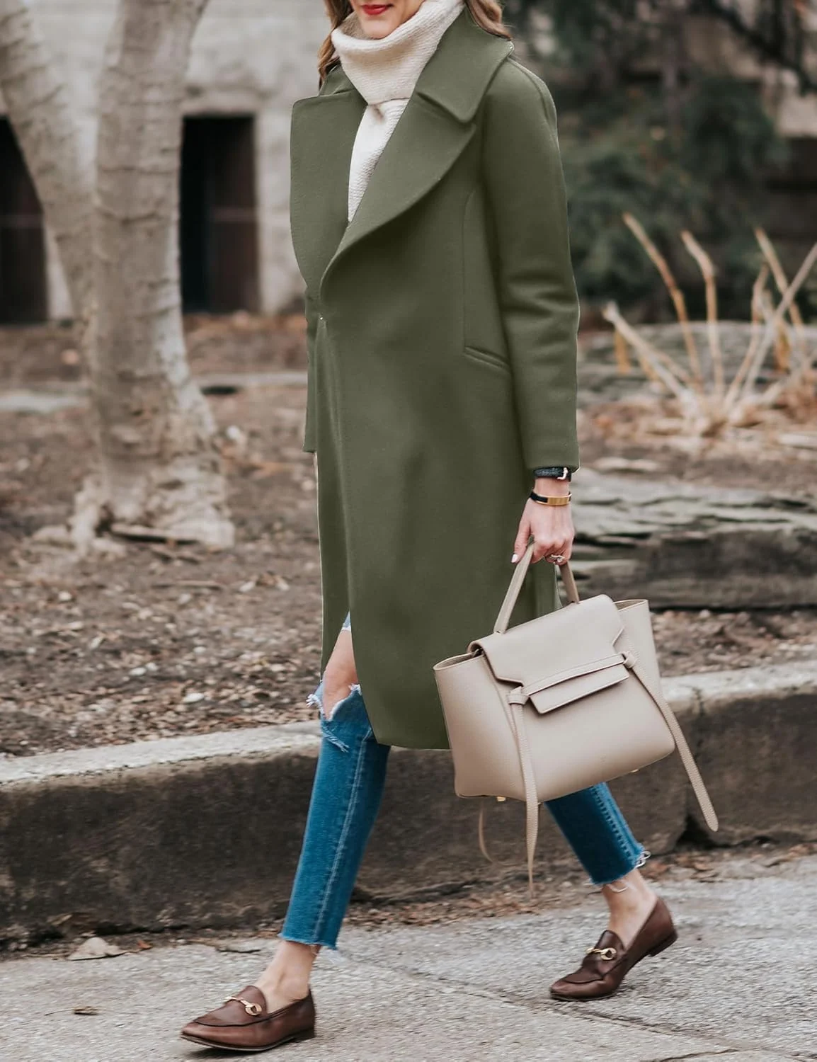 کت پشمی بلند زنانه BZB، پالتو زمستانی غیر رسمی، یقه برگردان دار، کت ترنچ کمربند دار، لباس بیرونی، سبز ارتشی، M