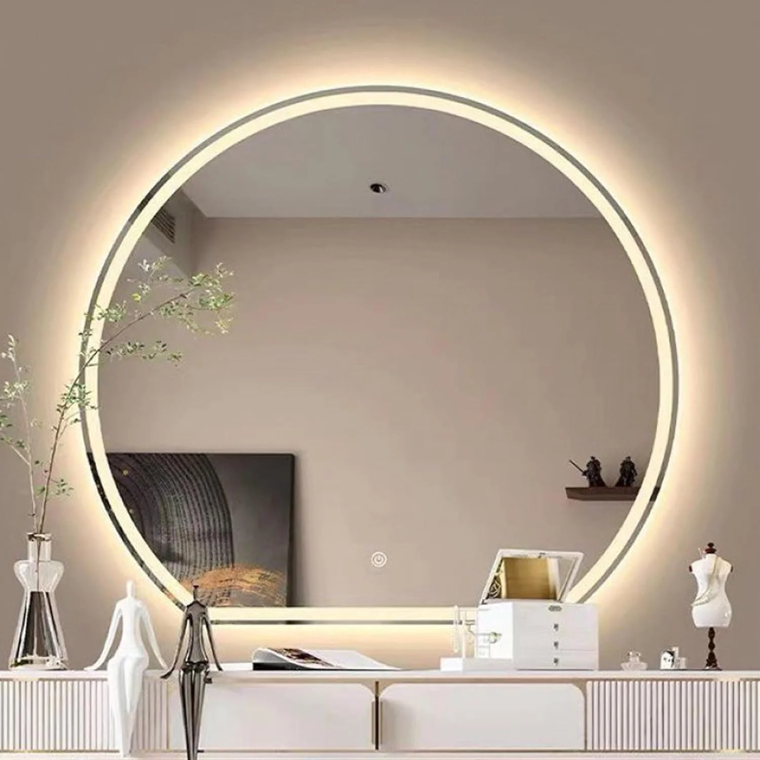 آینه نیم گرد حمام، آینه حمام دیواری با چراغ، آینه هوشمند لمسی ال ای دی، ضد بخار و ضد انفجار، سه نور برای حمام، اتاق خواب (نور سفید، 70 سانتی متر)