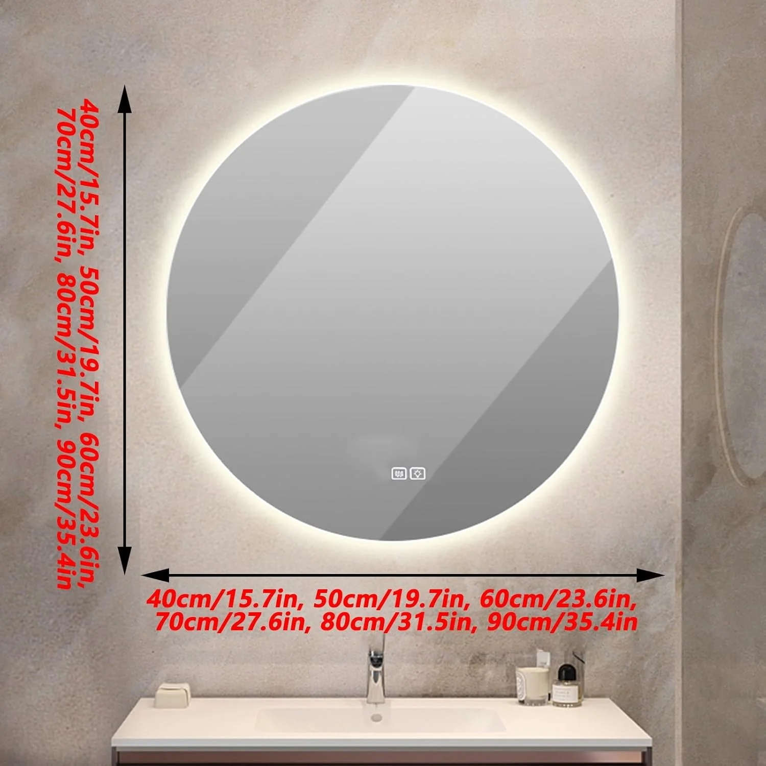 آینه حمام با چراغ‌های ال‌ای‌دی و حسگر لمسی، آینه دیواری با پد ضد بخار، 3 رنگ نور، دکمه لمسی دوتایی، برای ورودی، حمام، روشویی (اندازه: 50 سانتی‌متر / 19.7 اینچ)