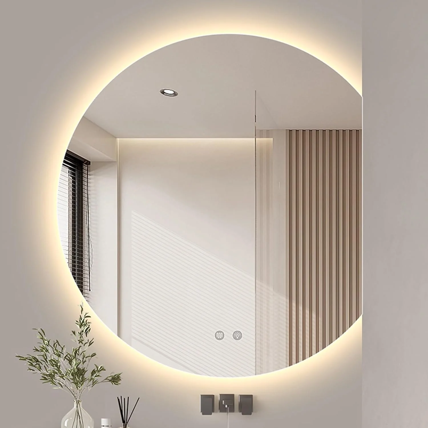 آینه حمام، آینه روشویی، آینه دیواری با نور LED و پد ضد بخار، آینه نیم دایره ای سه رنگ با قابلیت تنظیم نور، برش چپ/راست (رنگ: چپ، سایز: 63 * 70 سانتی متر)