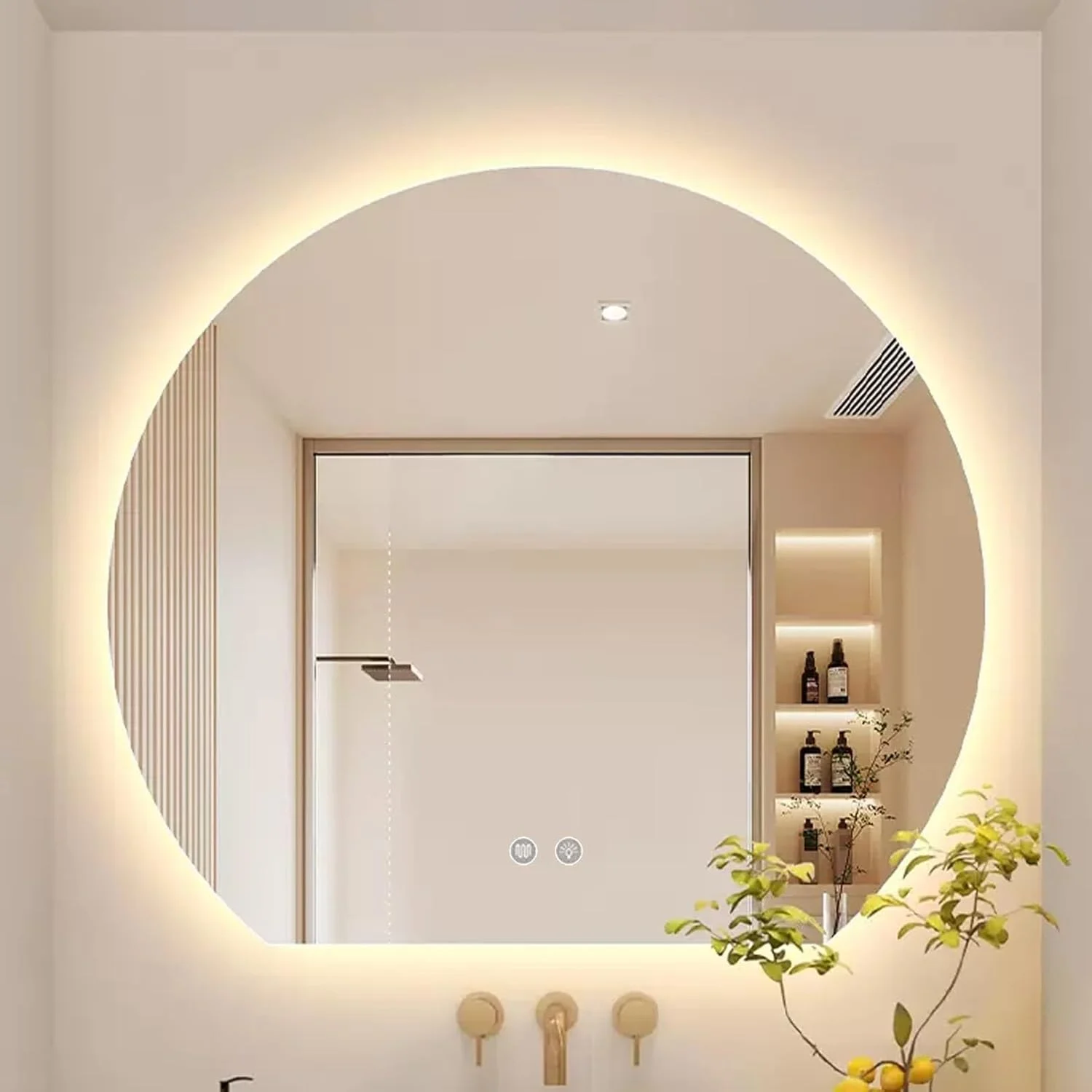 آینه حمام، آینه روشویی، آینه دیواری با نور LED و پد ضد بخار، آینه نیم دایره ای سه رنگ با قابلیت تنظیم نور، برش چپ/راست (رنگ: پایین، اندازه: 72 * 80 سانتی متر)