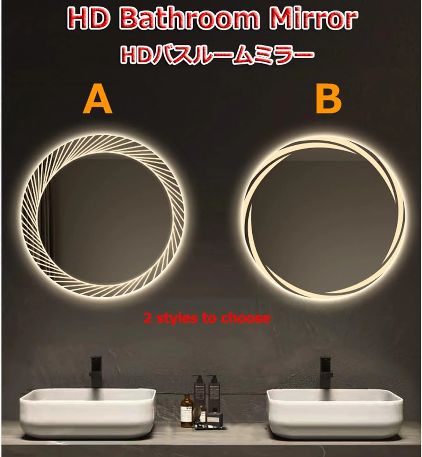 آینه گرد LED حمام، آینه آرایش دیواری با چراغ های LED دیمر دار، 50 سانتی متر/60 سانتی متر/70 سانتی متر/80 سانتی متر، IP44، آینه تزئینی دایره بزرگ با کنترل لمسی، 2 مدل (رنگ :