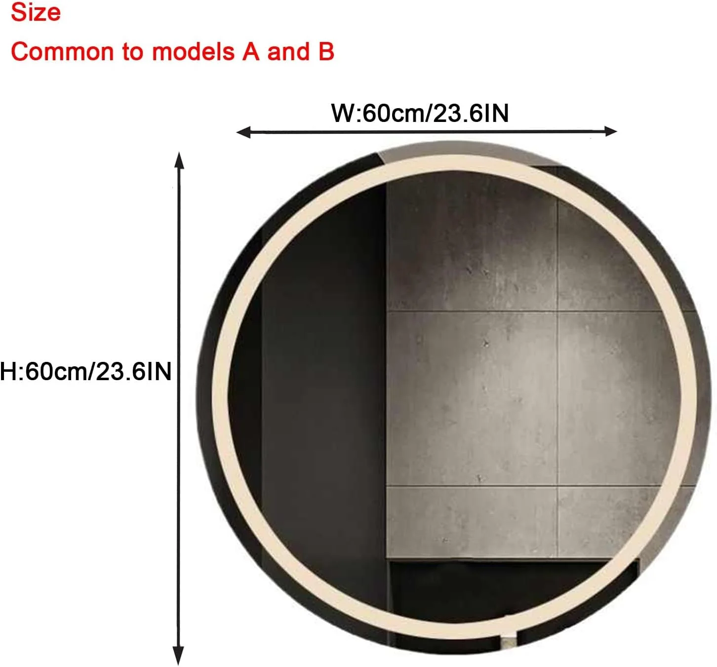 آینه گرد LED حمام با نور، آینه روشویی دیواری گرد نورانی، 3 رنگ قابل تنظیم/پد ضد بخار، کنترل لمسی (A, H60*W60cm/H23.6*W23.6IN)