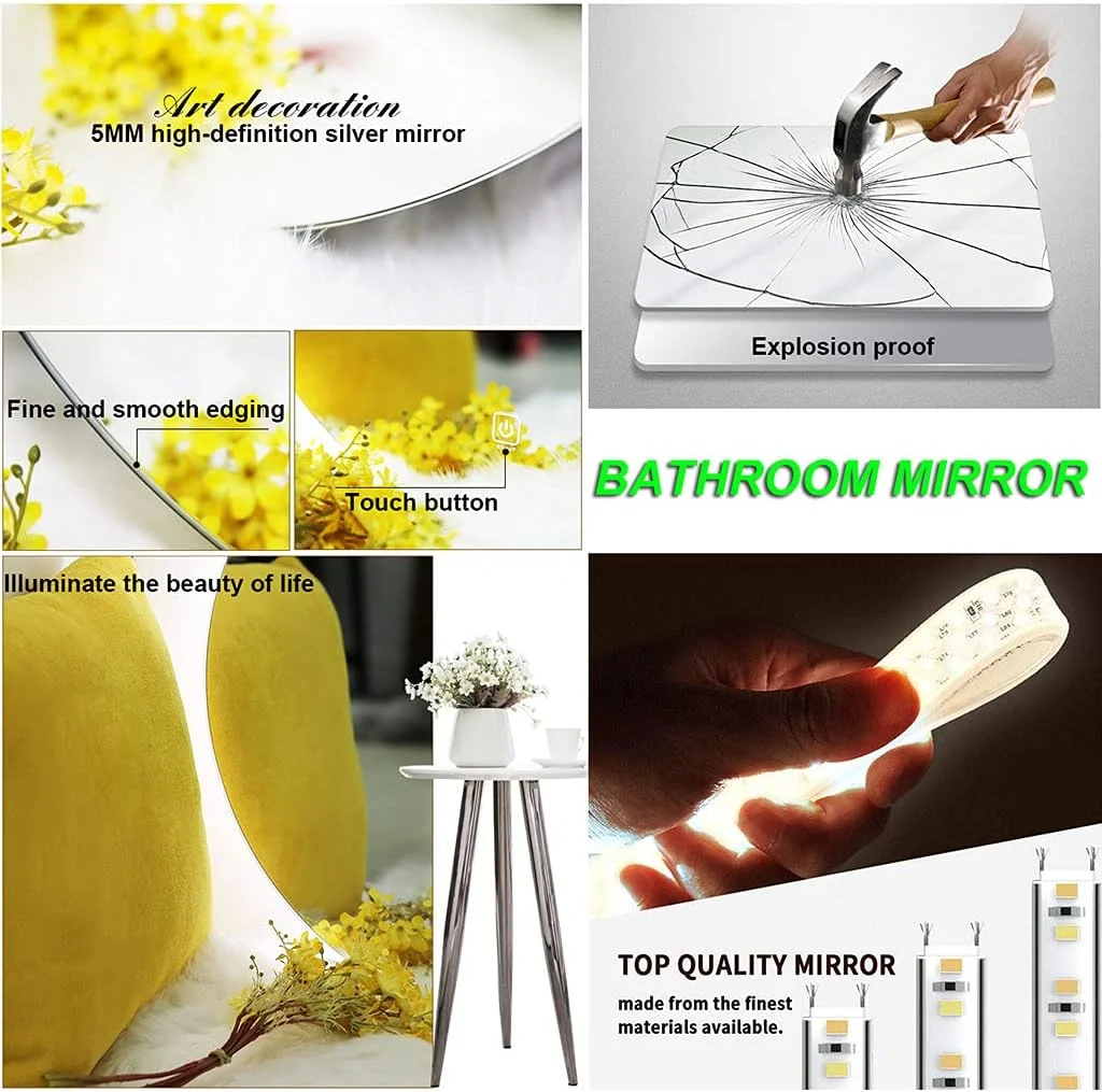 آینه گرد ال ای دی دیواری دکوراسیون منزل، مناسب آرایش و روشنایی، ضد بخار، بدون قاب، قابل نصب روی دیوار