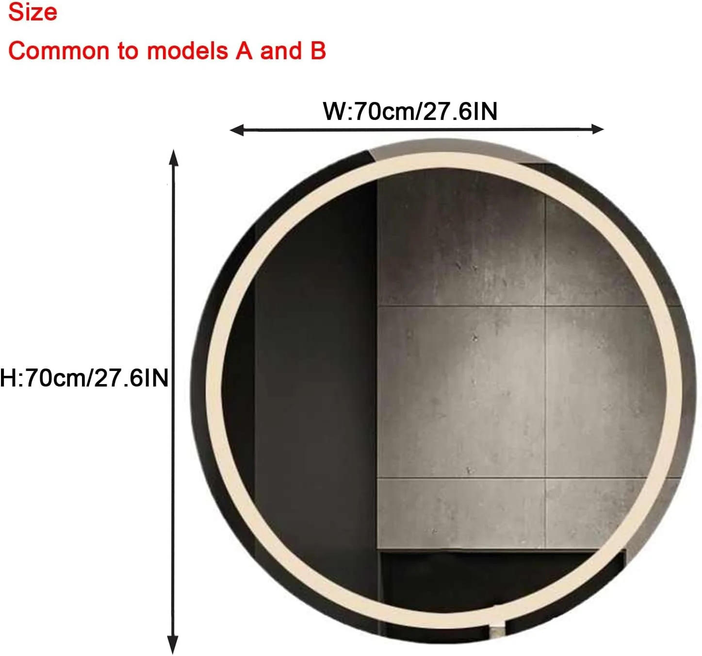 آینه گرد ال ای دی حمام با نور، آینه حمام با چراغ های ال ای دی، آینه روشویی دیواری گرد نورانی، 3 رنگ قابل تنظیم/ پد ضد بخار، کنترل لمسی (B,H70*W70cm/H27.6*W27.6IN)