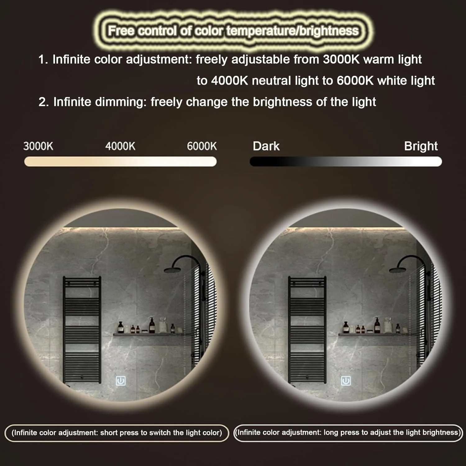 آینه گرد ال ای دی حمام با نور، آینه حمام با چراغ های ال ای دی، آینه روشویی دیواری گرد نورانی، 3 رنگ قابل تنظیم/ پد ضد بخار، کنترل لمسی (B,H70*W70cm/H27.6*W27.6IN)