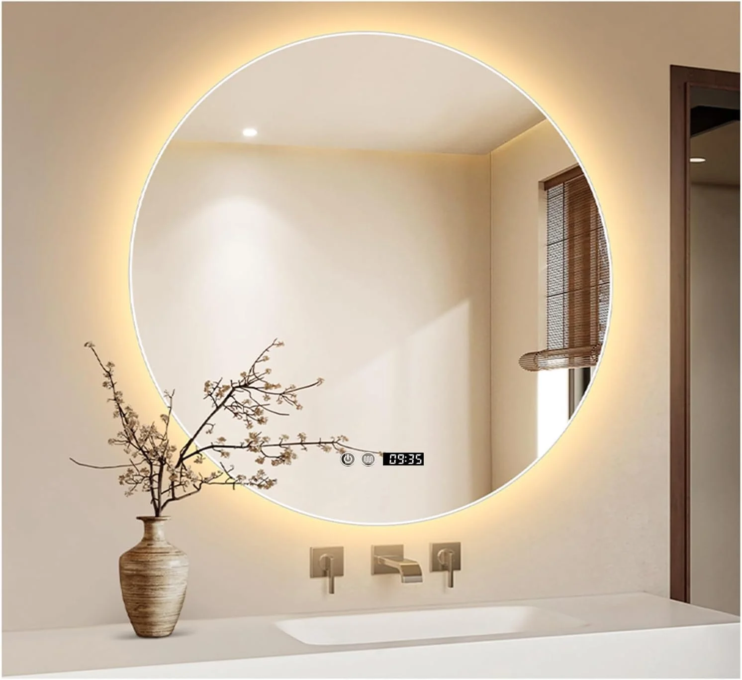 آینه گرد ال ای دی حمام با نور، آینه حمام با چراغ های ال ای دی، آینه روشویی دیواری گرد نورانی، 3 رنگ قابل تنظیم/ پد ضد بخار، کنترل لمسی (B, H70*W70cm/H27.6*W27.6IN)
