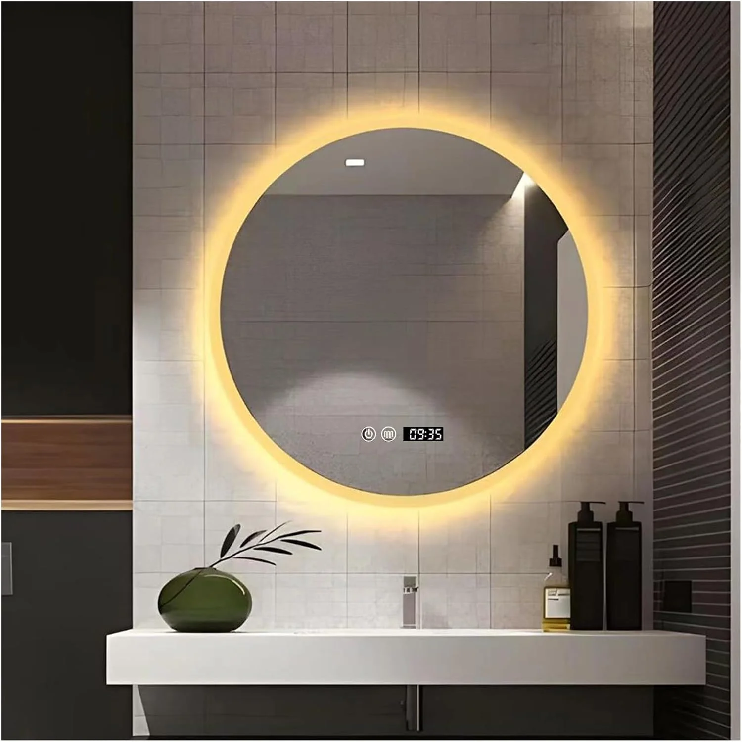 آینه حمام با چراغ های LED، آینه حمام LED گرد با نور، آینه روشویی دیواری گرد روشن، 3 رنگ قابل تنظیم/پد ضد بخار، کنترل لمسی (B,H70*W70cm/H27.6*W27.6IN)